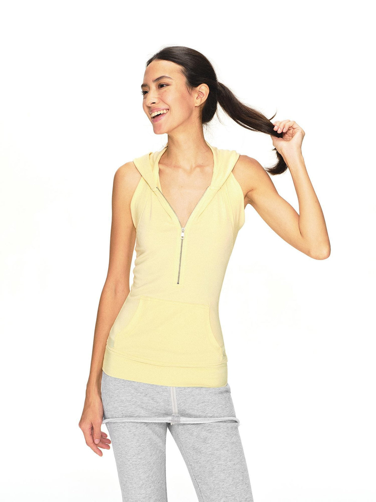 kvkv Vintage Pale Yellow Lyocell Open Back Zip Hooded Women&