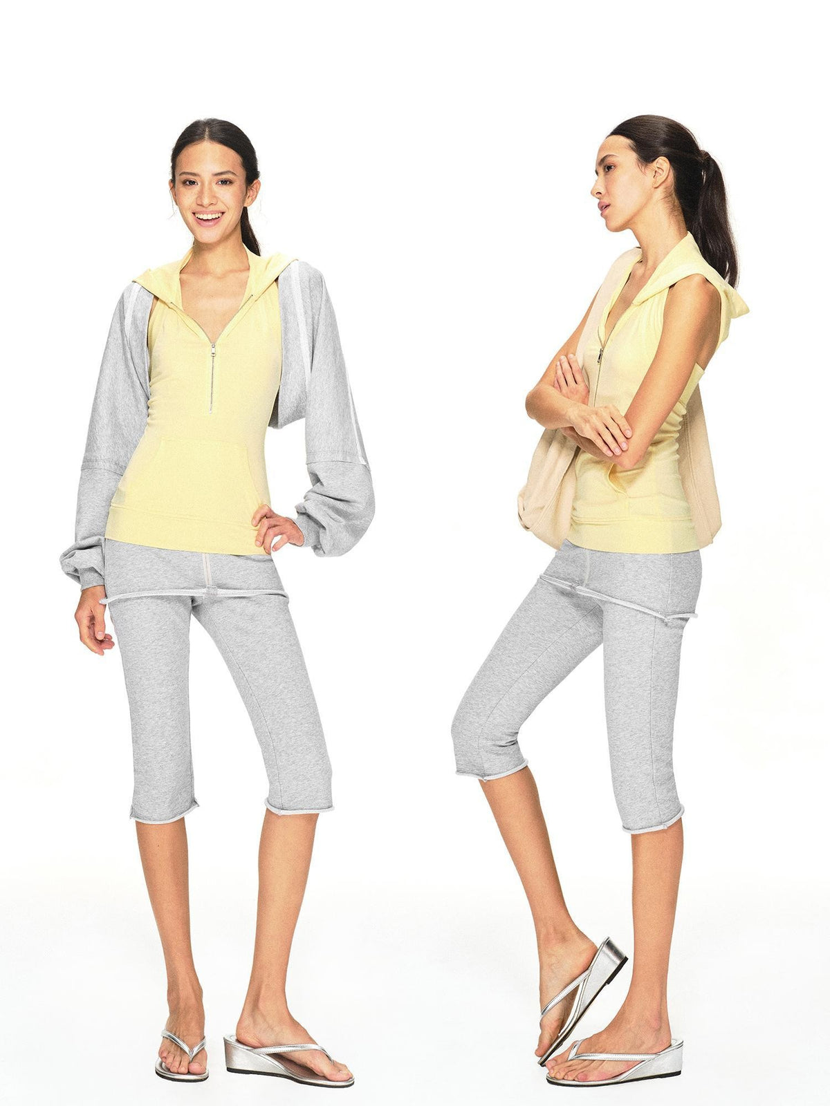 kvkv Vintage Pale Yellow Lyocell Open Back Zip Hooded Women&