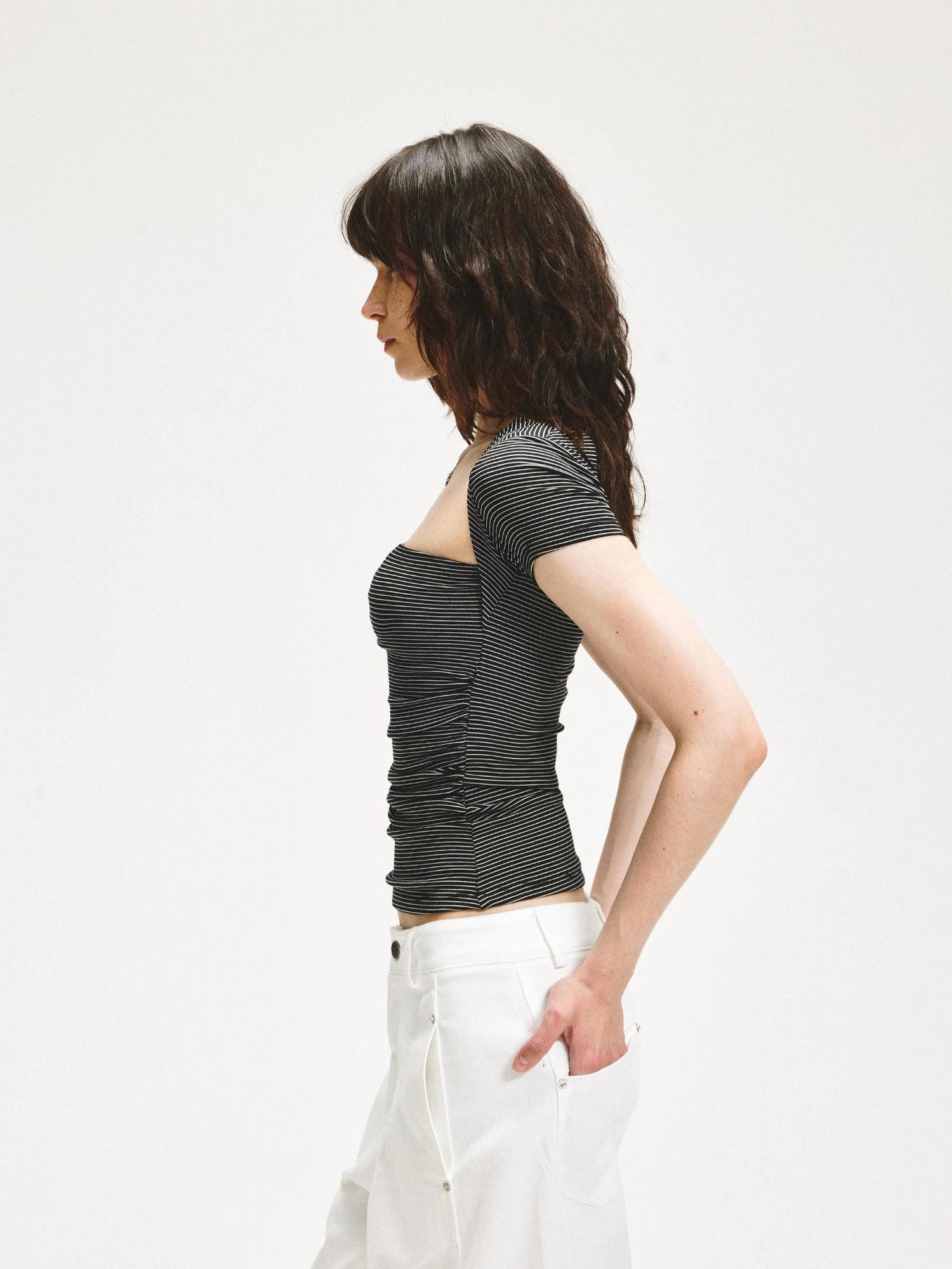 KVKV Yoga Clothing Brand - Vintage Stripe Square Neck Fitted Tee