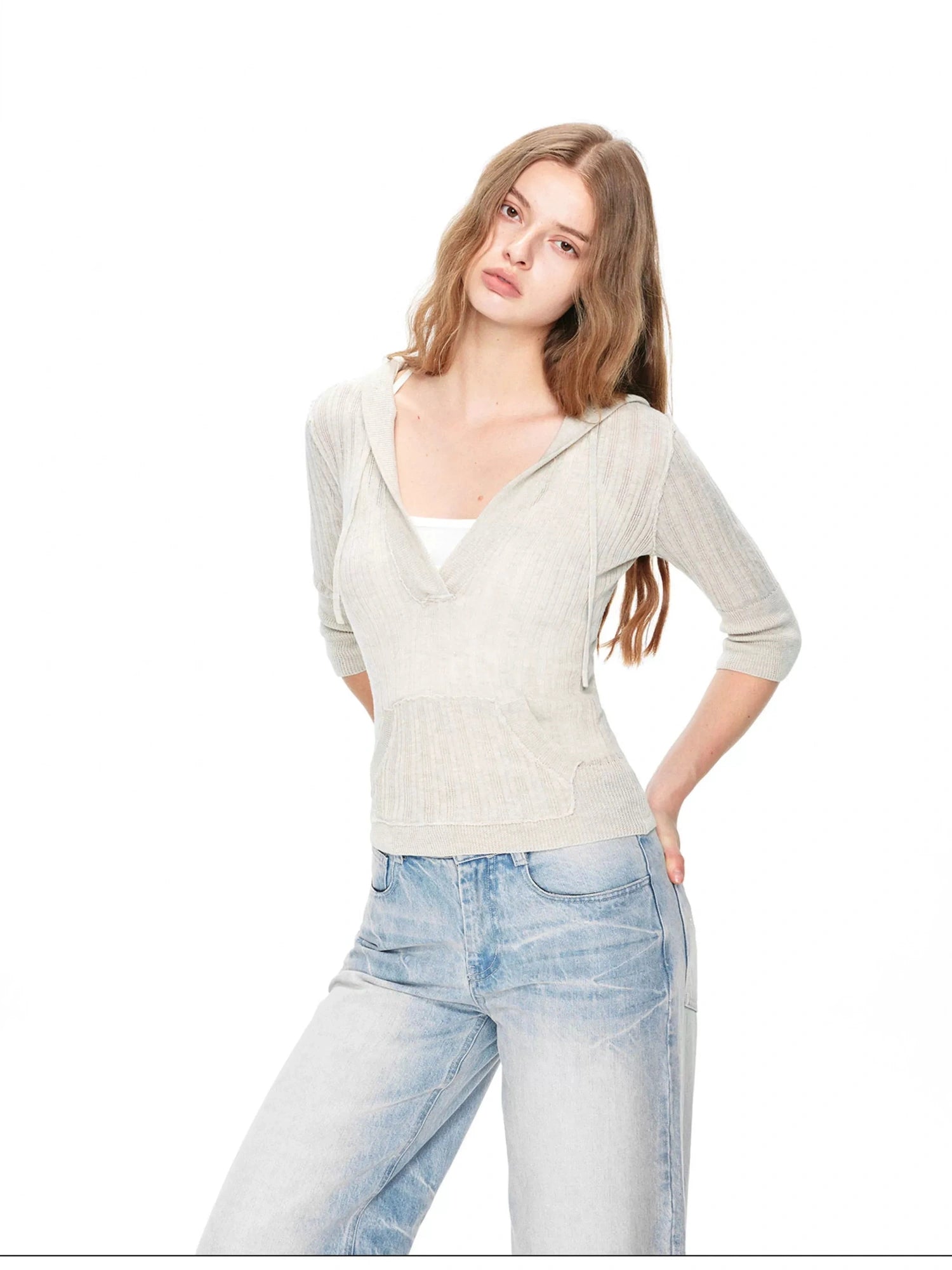 kvkv Vintage V-neck Cropped Cable Knit Sweater