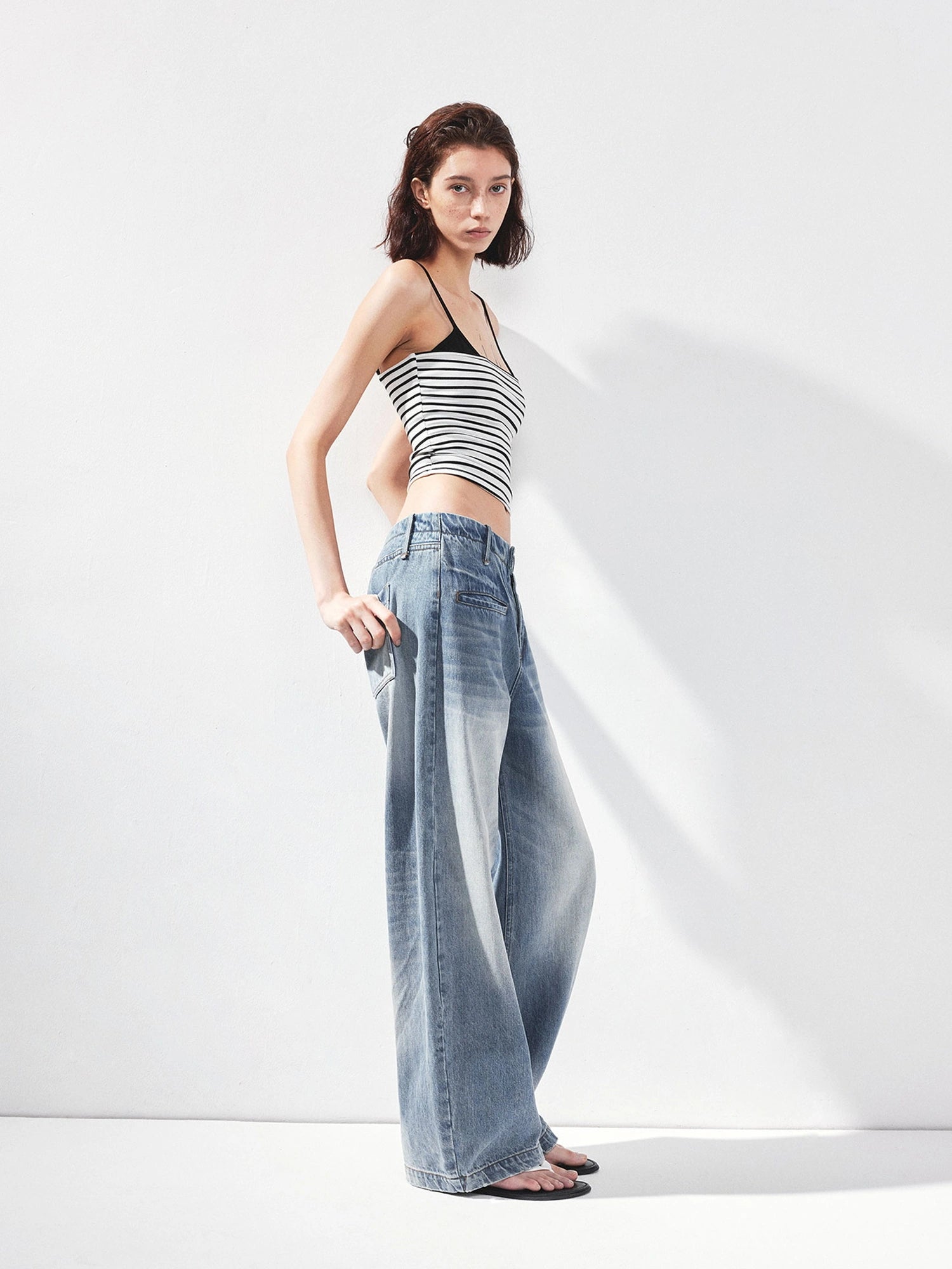 kvkv Vintage Washed Blue Low Rise Drawstring Wide Leg Jeans