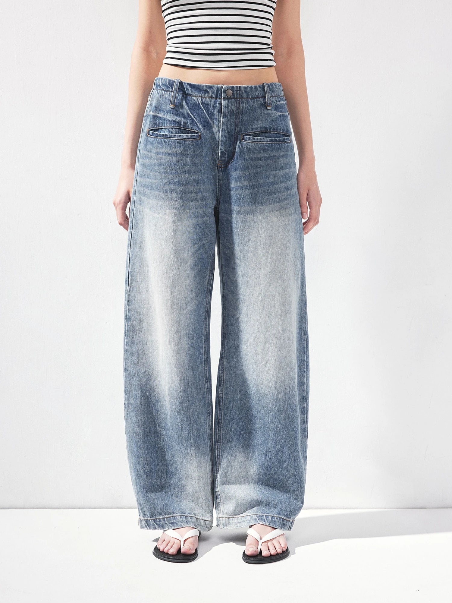 kvkv Vintage Washed Blue Low Rise Drawstring Wide Leg Jeans