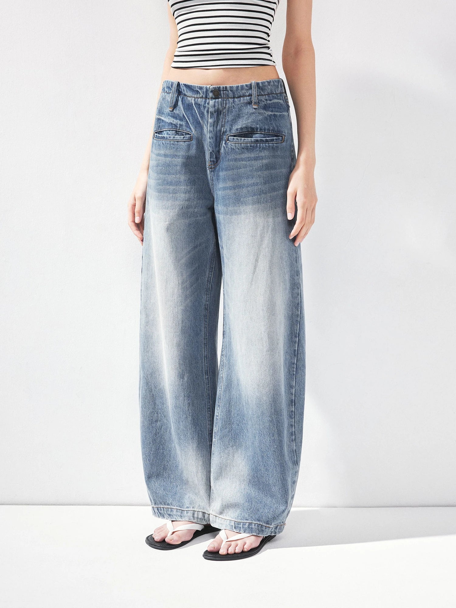 kvkv Vintage Washed Blue Low Rise Drawstring Wide Leg Jeans