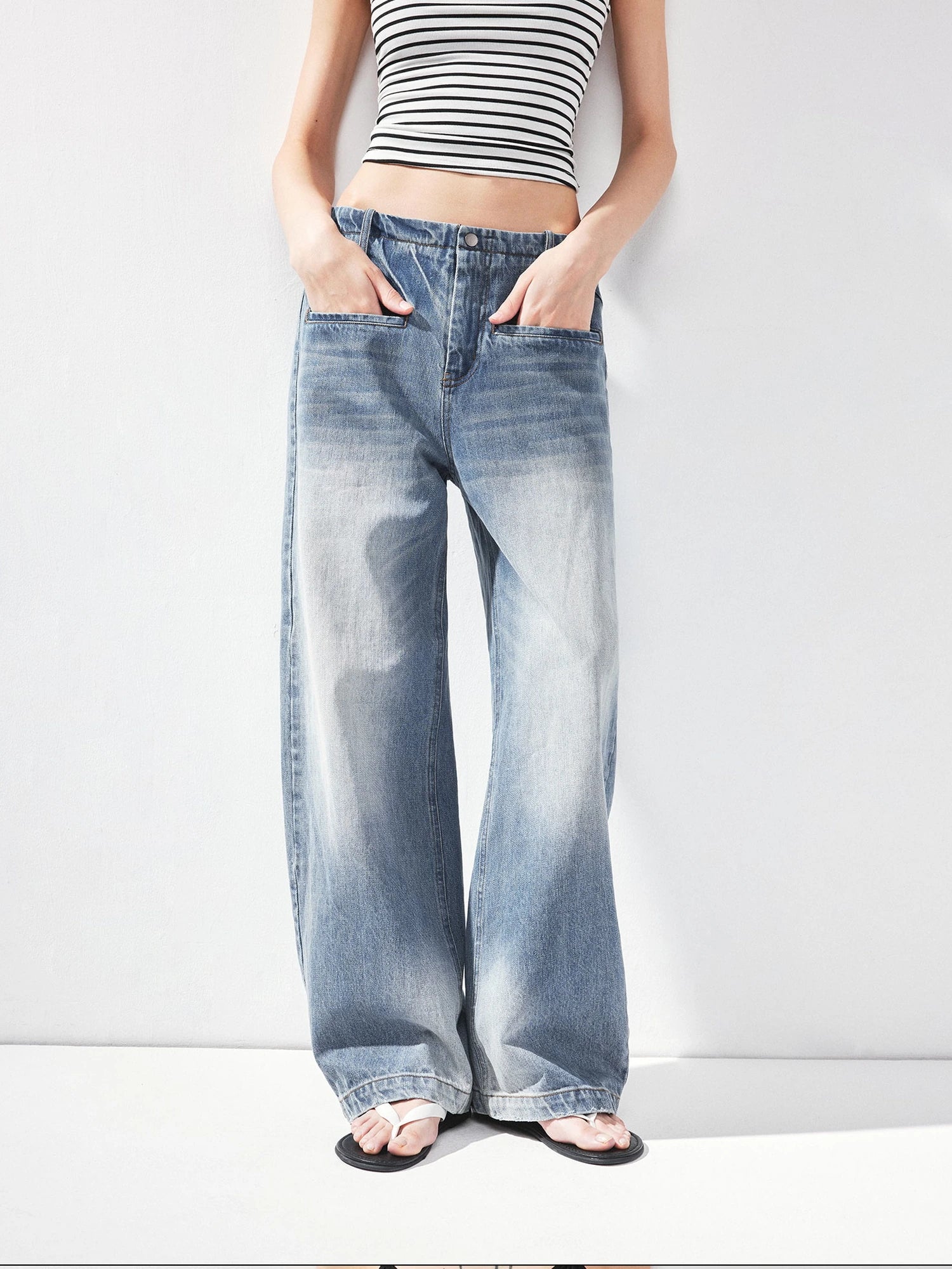 kvkv Vintage Washed Blue Low Rise Drawstring Wide Leg Jeans