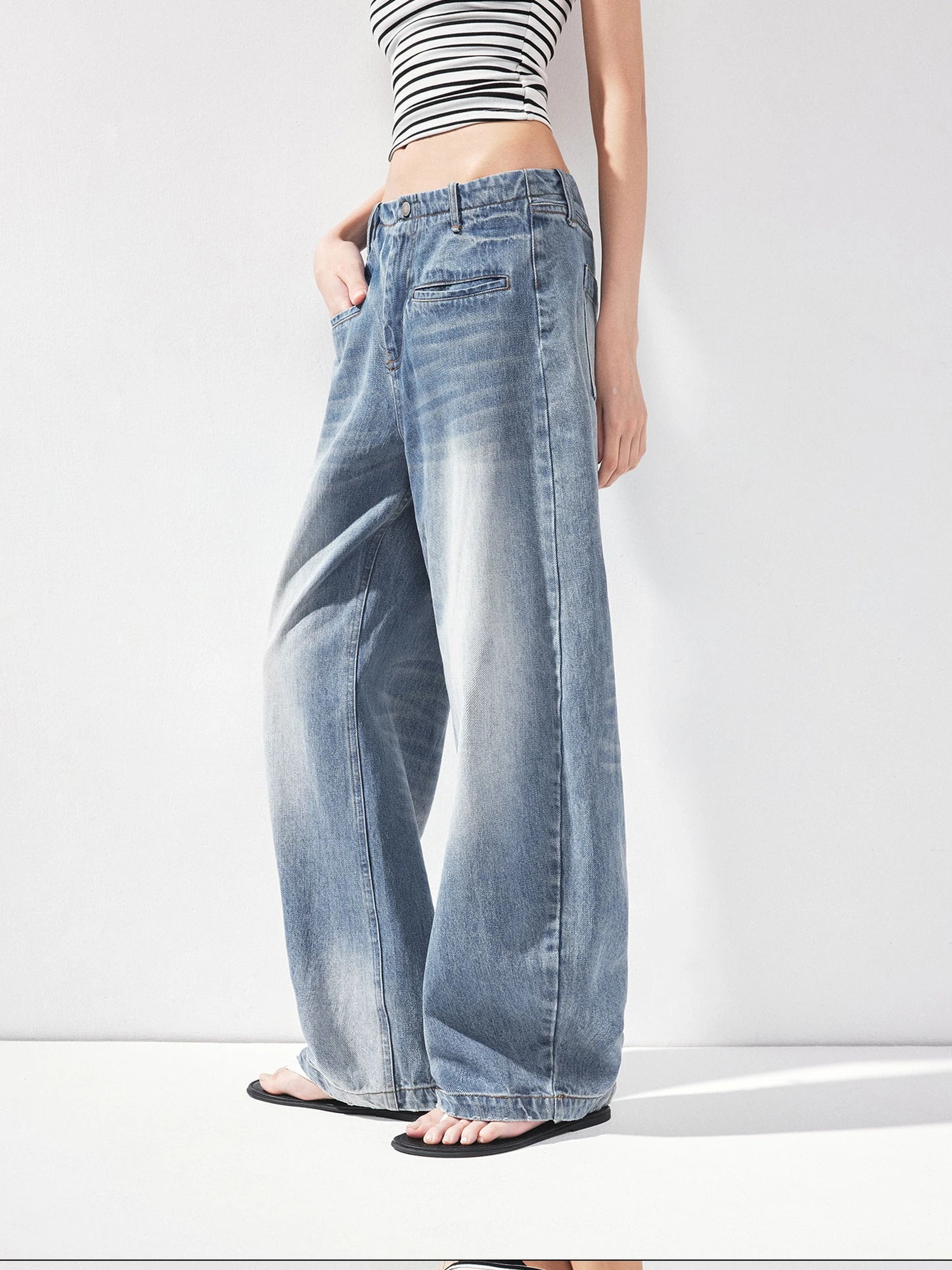kvkv Vintage Washed Blue Low Rise Drawstring Wide Leg Jeans
