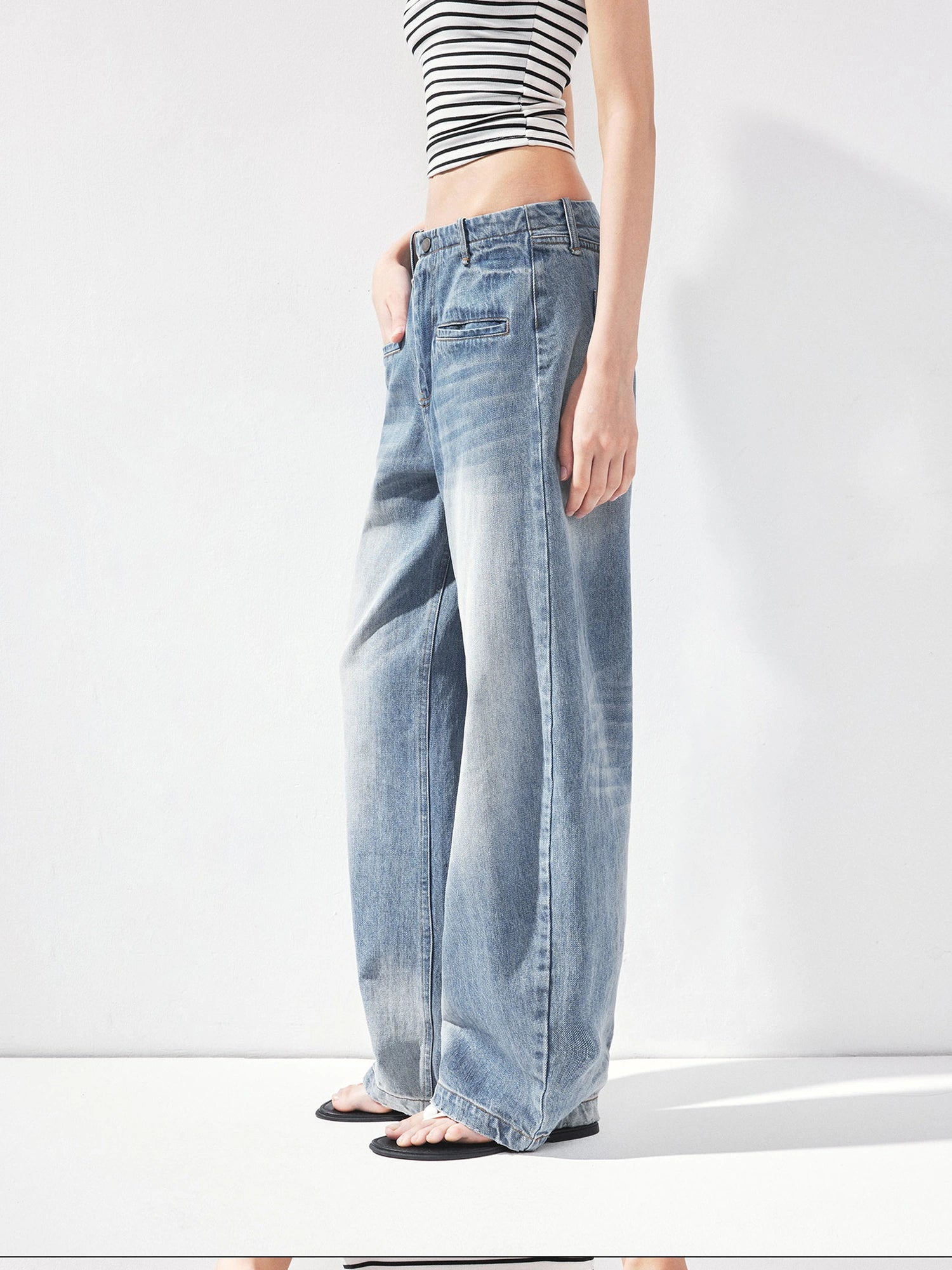 kvkv Vintage Washed Blue Low Rise Drawstring Wide Leg Jeans