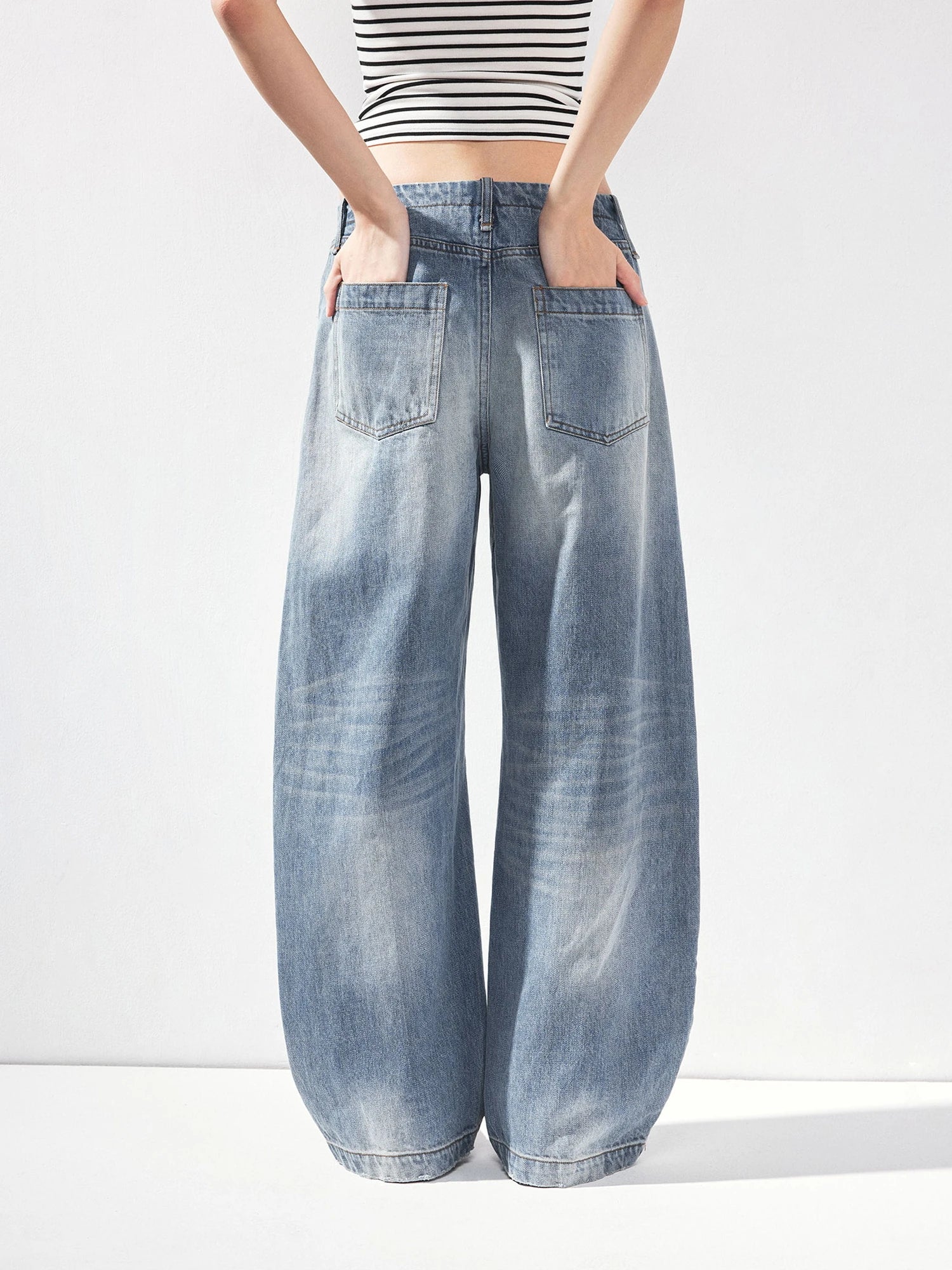 kvkv Vintage Washed Blue Low Rise Drawstring Wide Leg Jeans