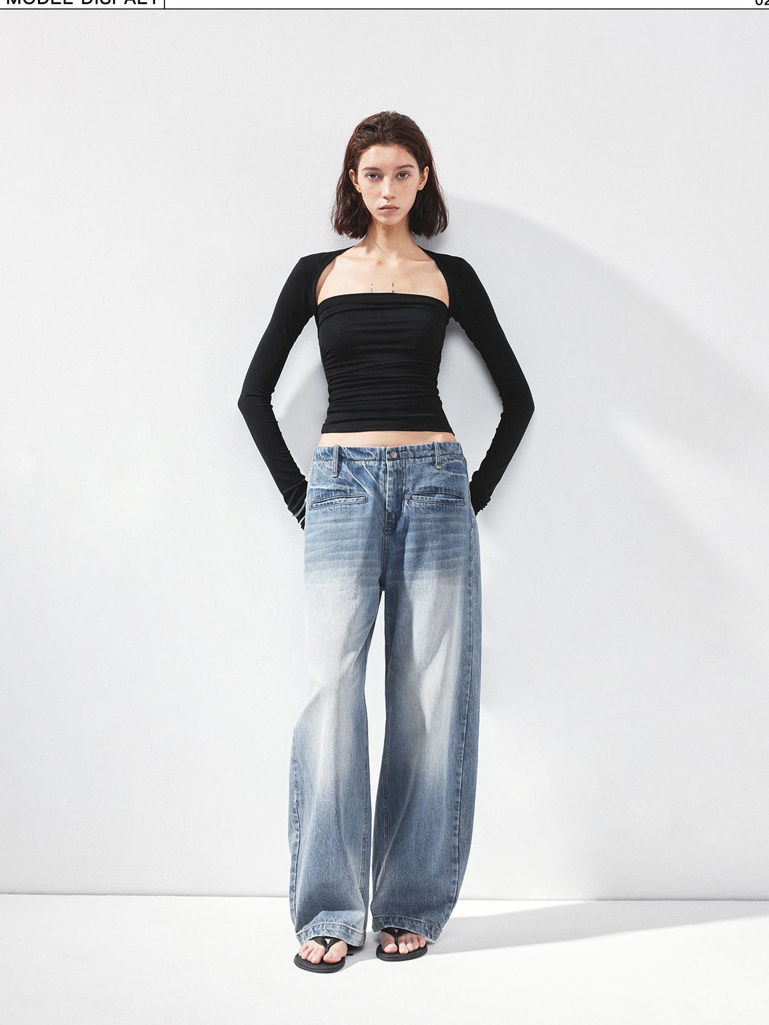 kvkv Vintage Washed Blue Low Rise Drawstring Wide Leg Jeans