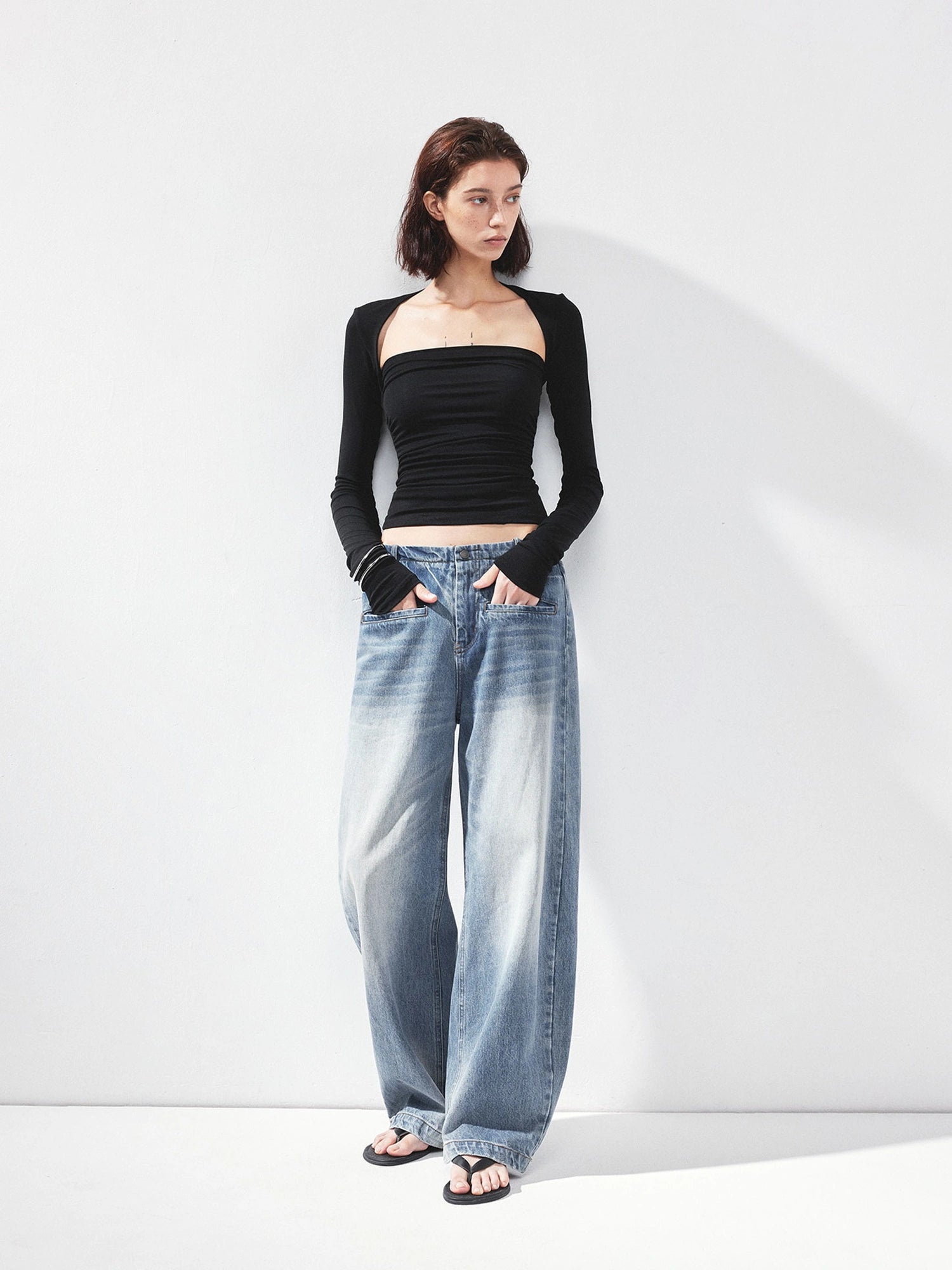 kvkv Vintage Washed Blue Low Rise Drawstring Wide Leg Jeans