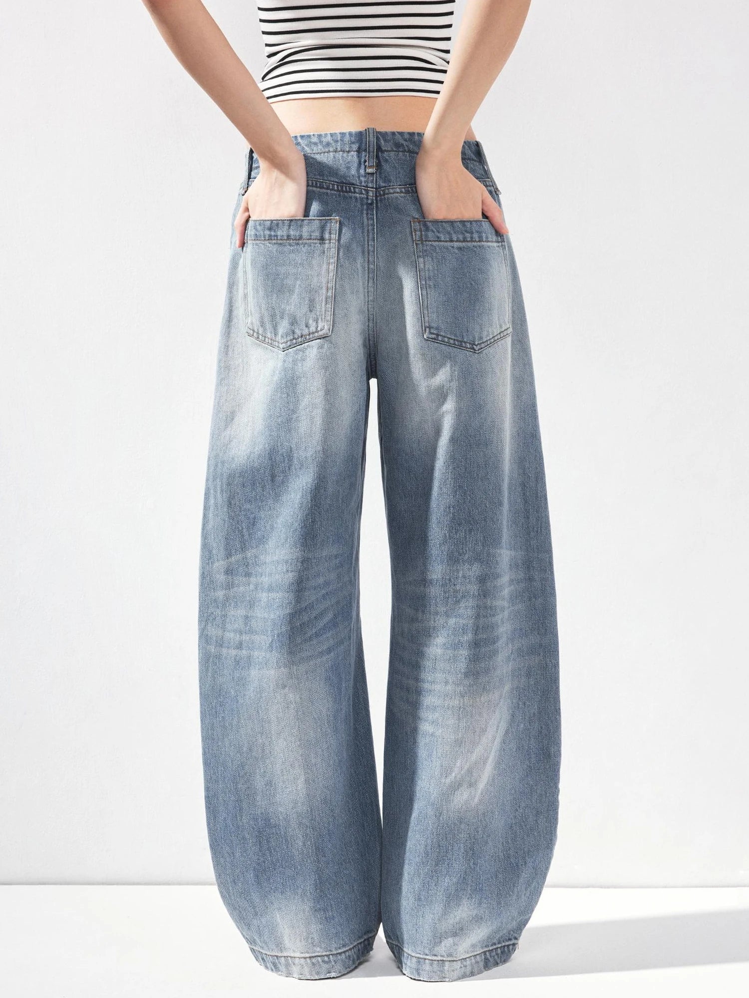 kvkv Vintage Washed Blue Low Rise Drawstring Wide Leg Jeans