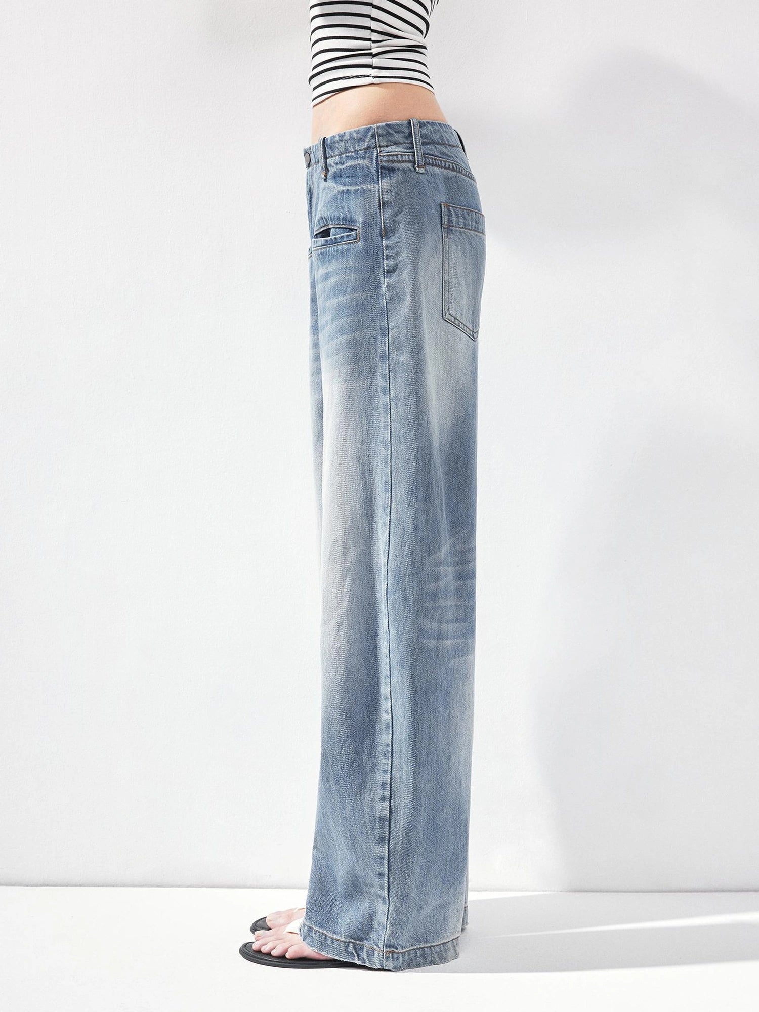 kvkv Vintage Washed Blue Low Rise Drawstring Wide Leg Jeans
