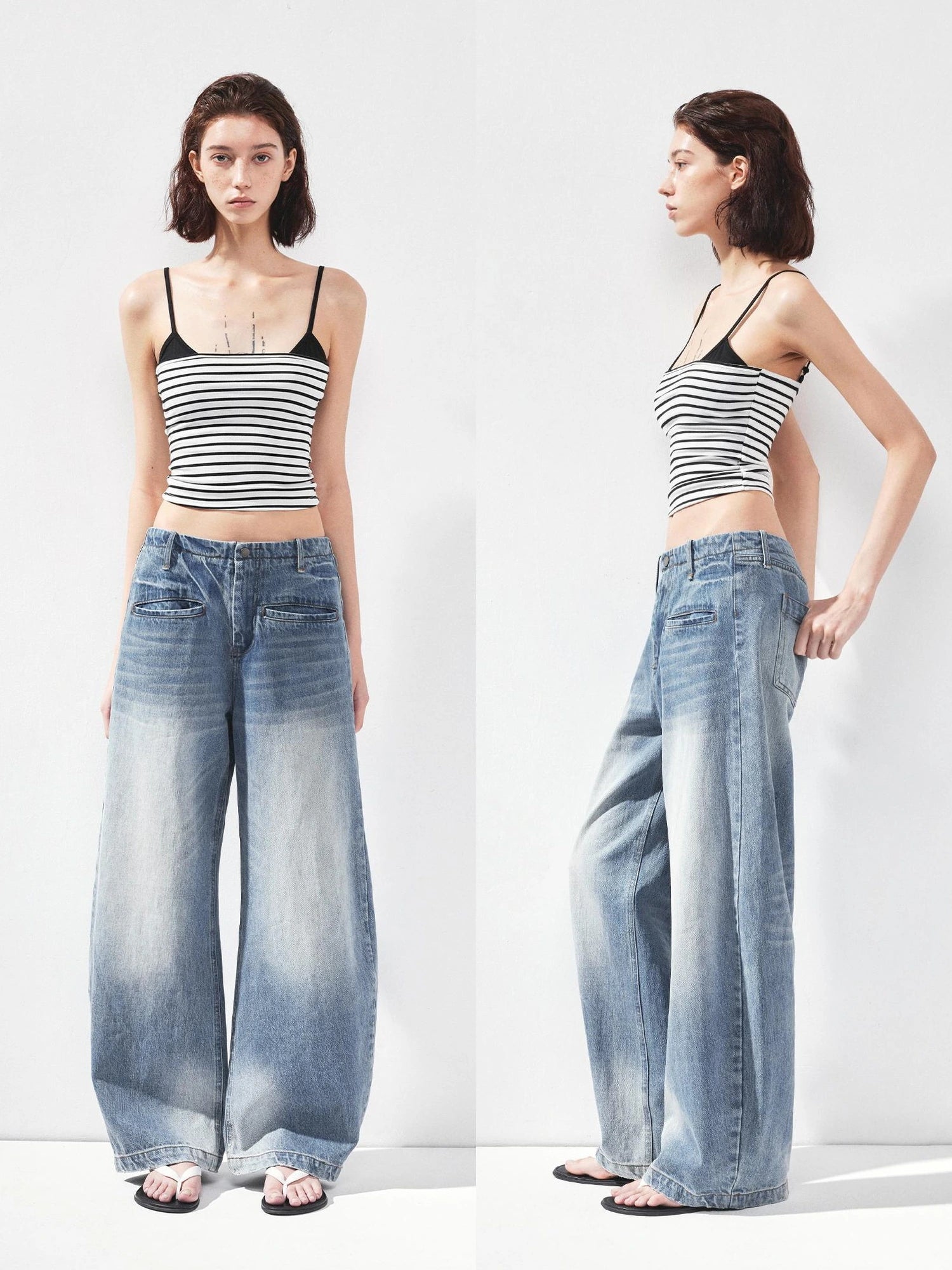 kvkv Vintage Washed Blue Low Rise Drawstring Wide Leg Jeans