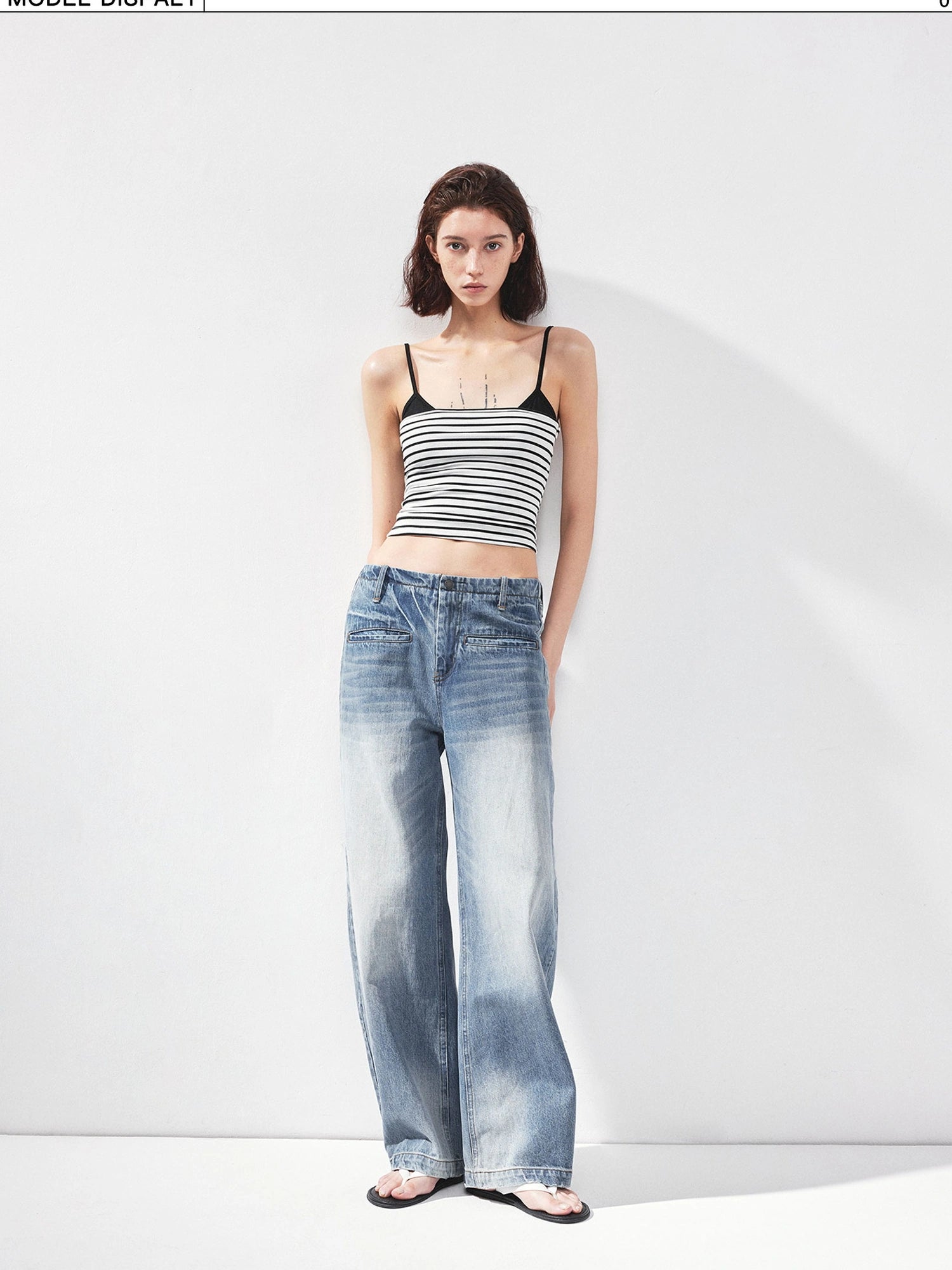 kvkv Vintage Washed Blue Low Rise Drawstring Wide Leg Jeans