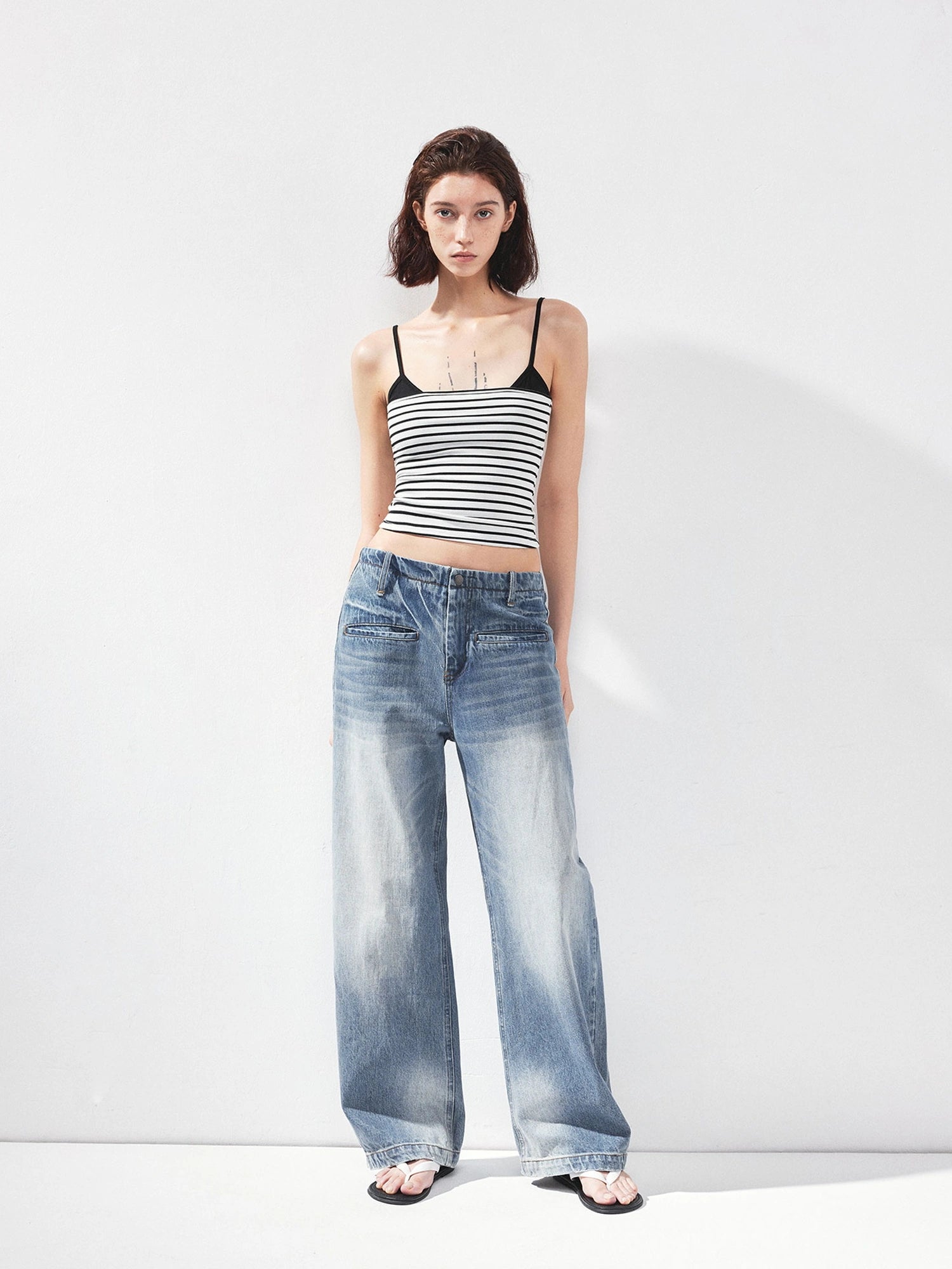 kvkv Vintage Washed Blue Low Rise Drawstring Wide Leg Jeans