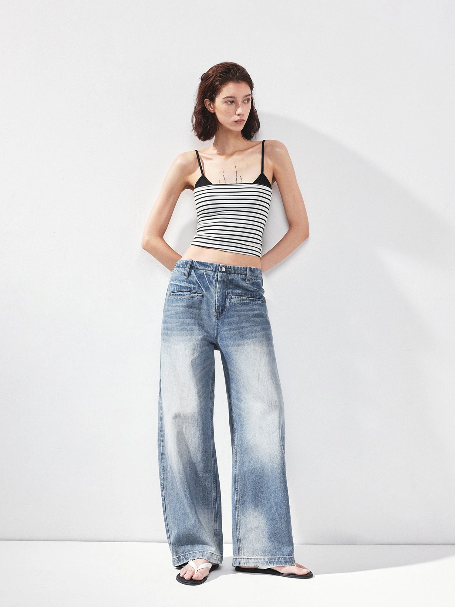 kvkv Vintage Washed Blue Low Rise Drawstring Wide Leg Jeans
