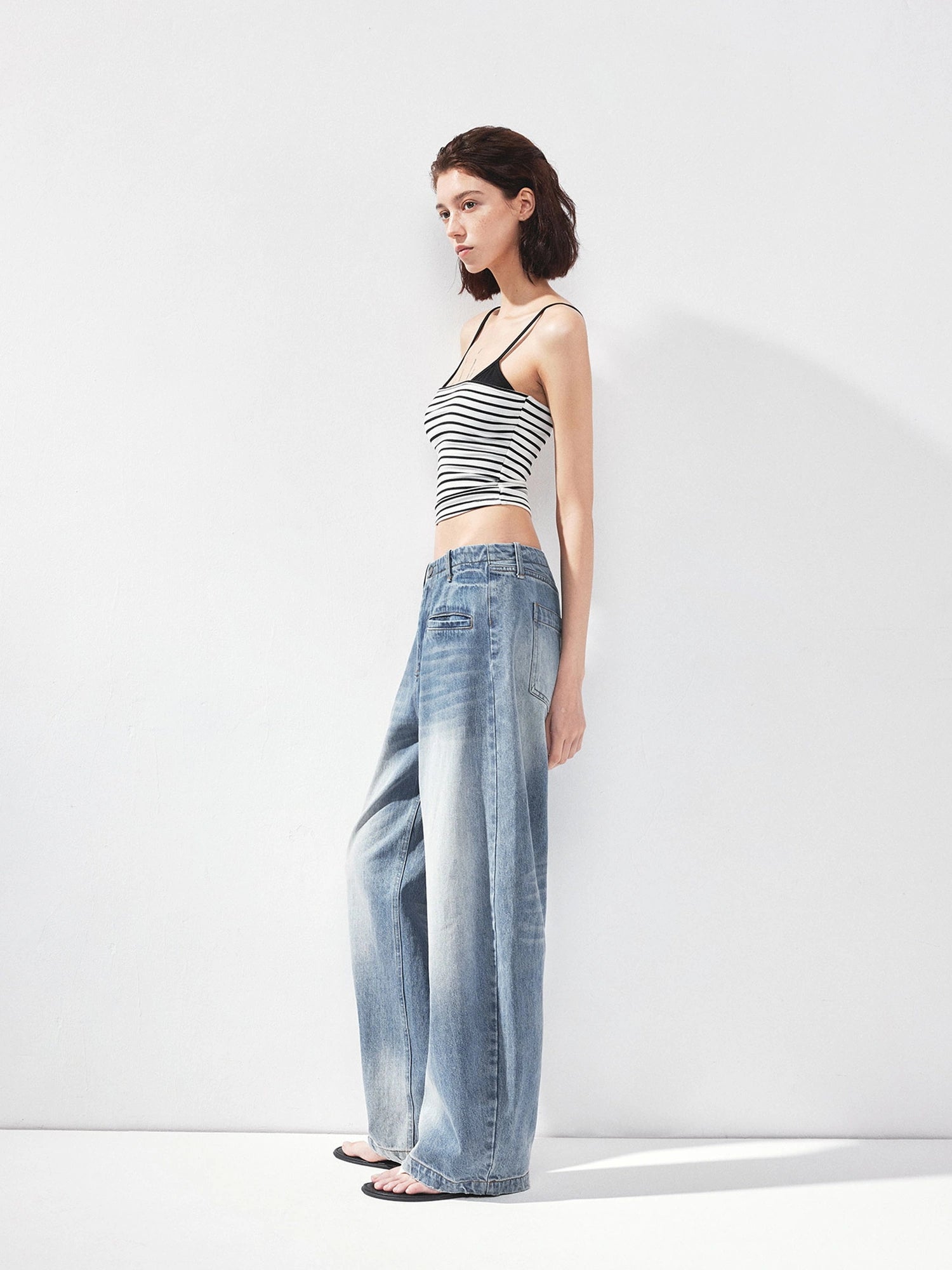 kvkv Vintage Washed Blue Low Rise Drawstring Wide Leg Jeans