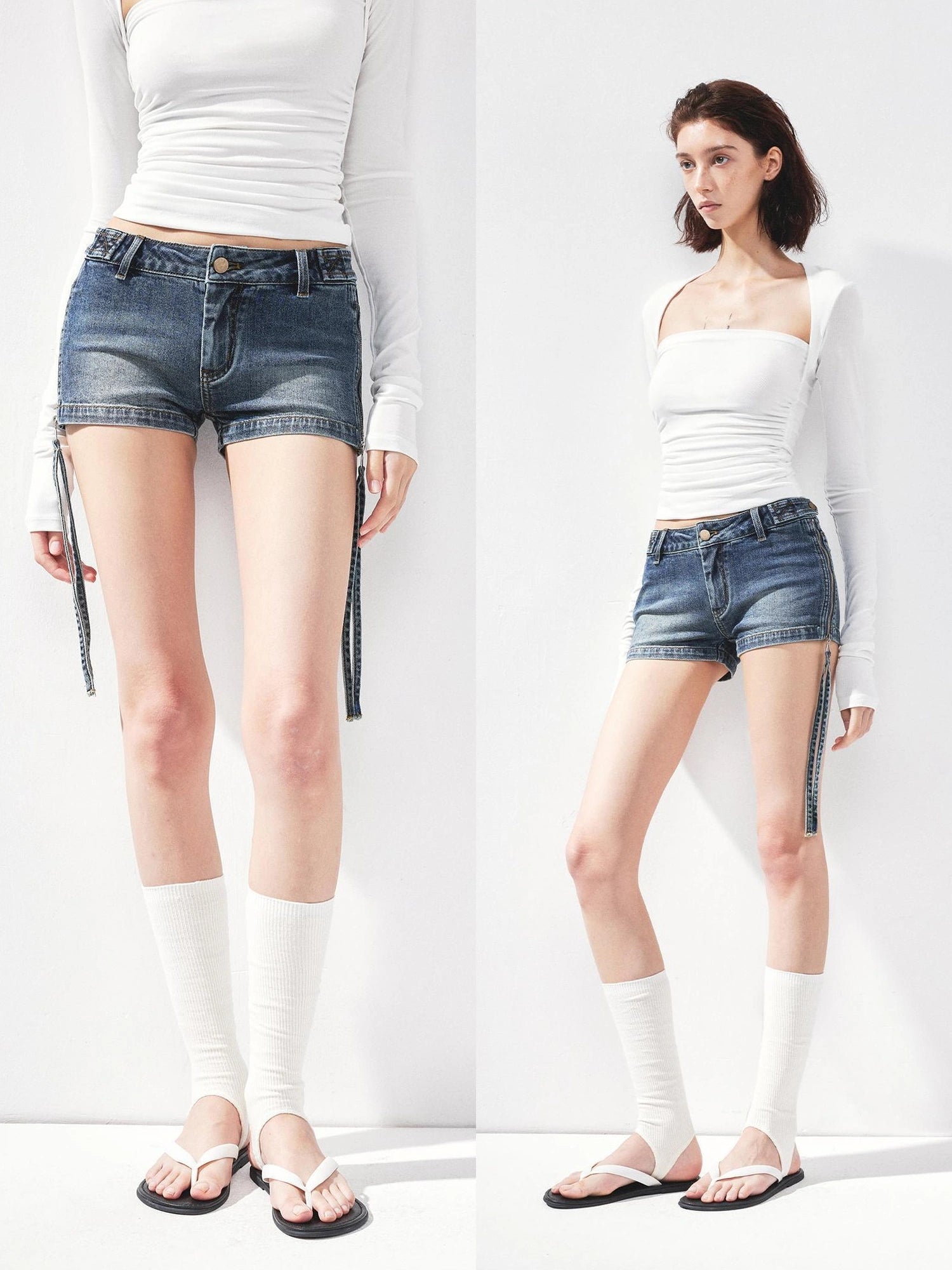 kvkv Vintage Washed Blue Low Rise Zipped Denim Shorts