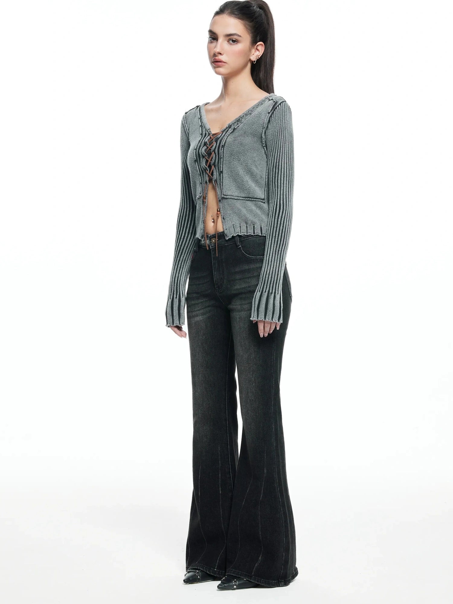 kvkv Vintage Washed Wool Knit Cardigan V-neck Long Sleeve