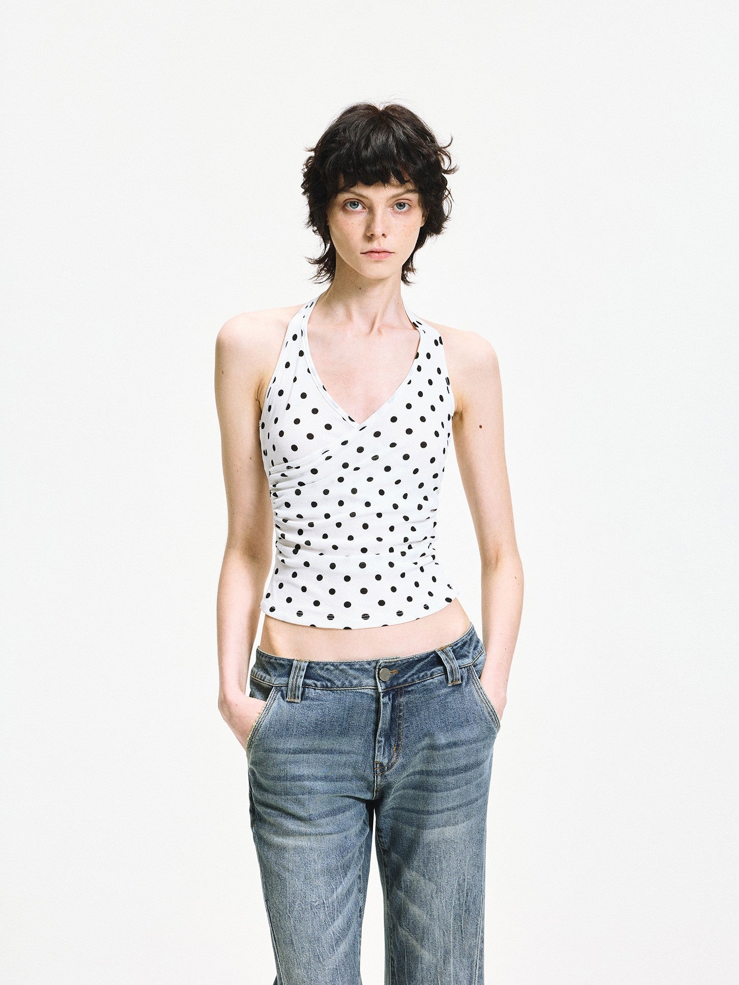 kvkv White Polka Dot Halter Tie Back Slim Women&