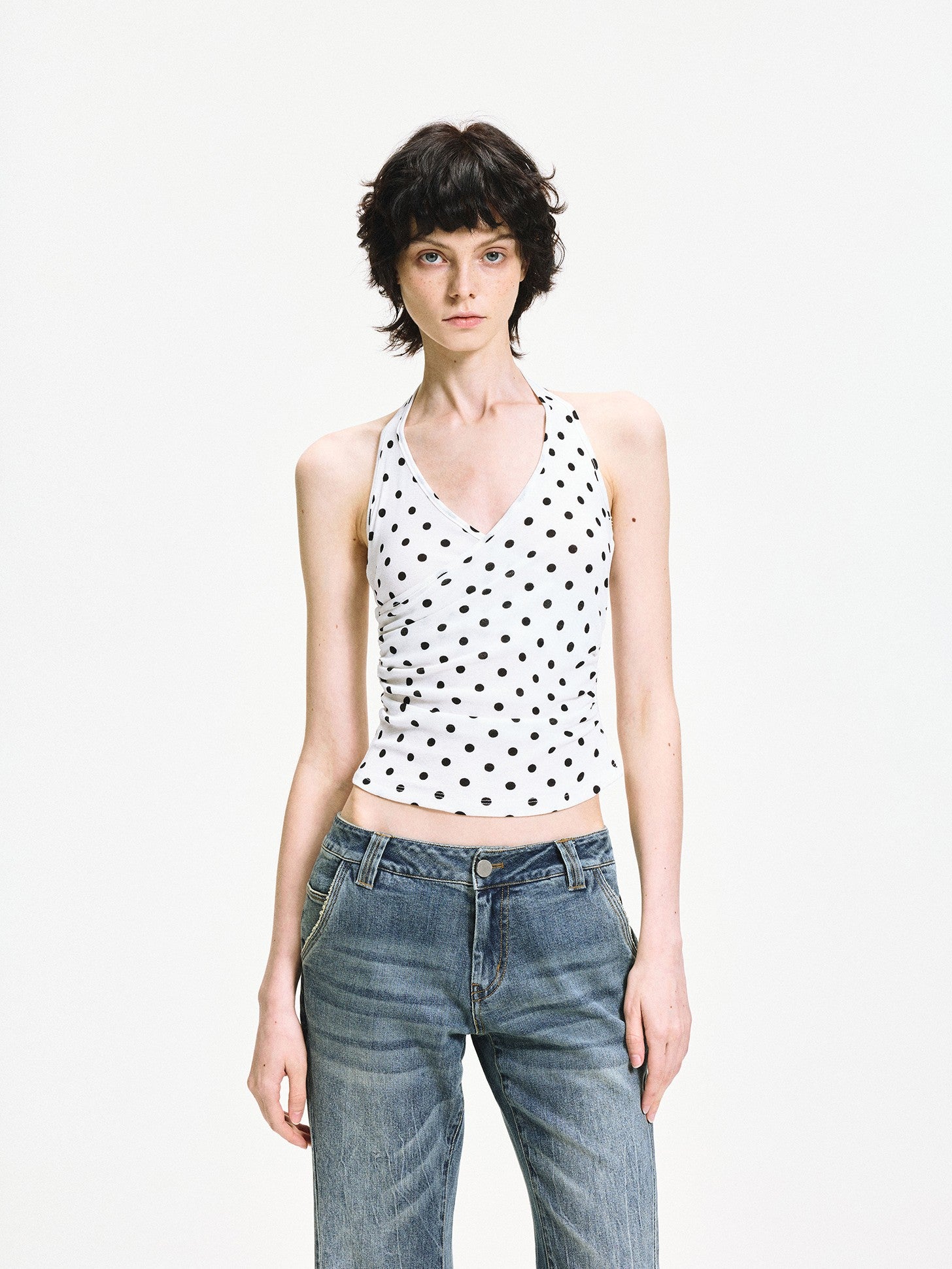 kvkv White Polka Dot Halter Tie Back Slim Women&