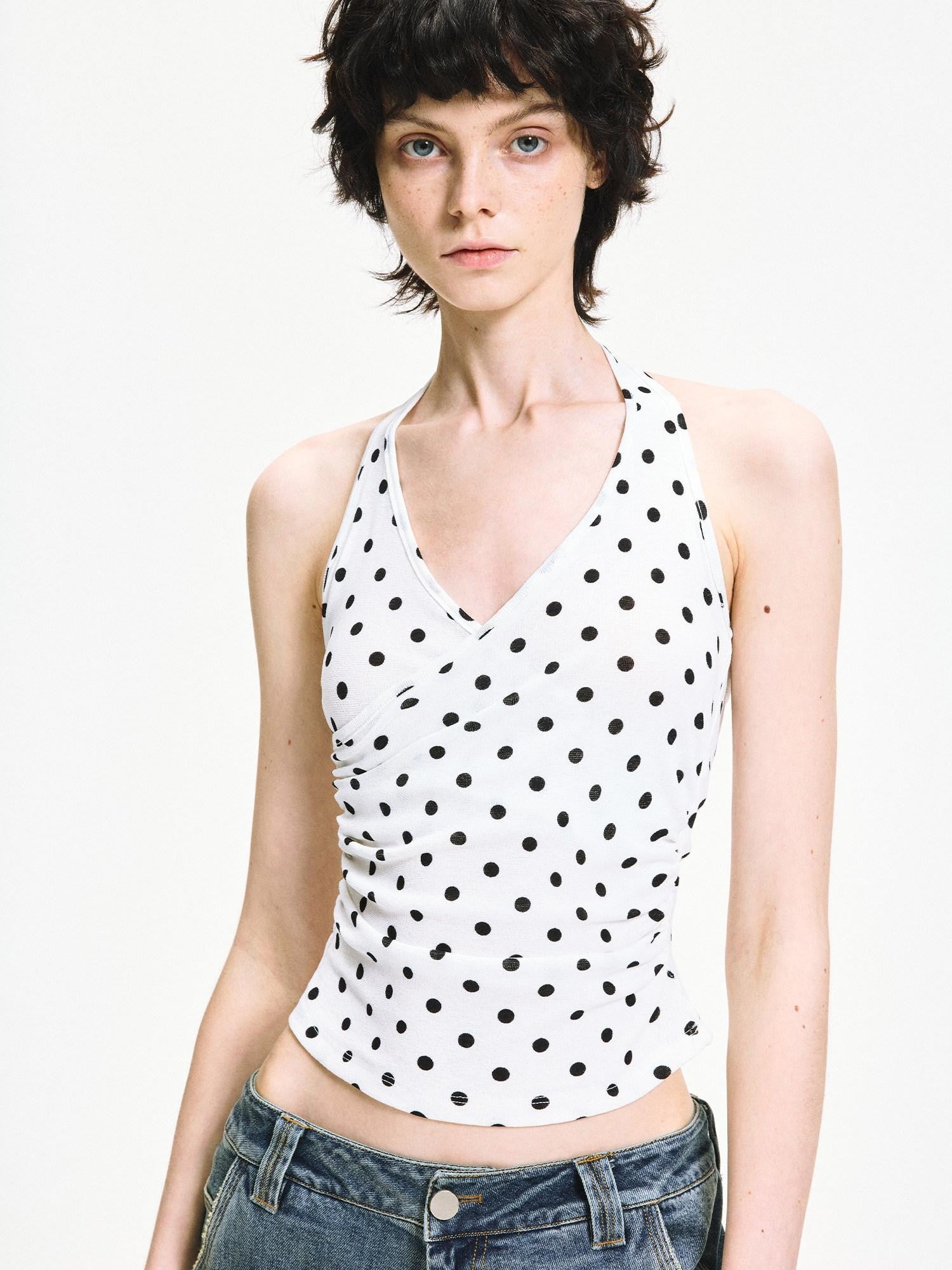 kvkv White Polka Dot Halter Tie Back Slim Women&