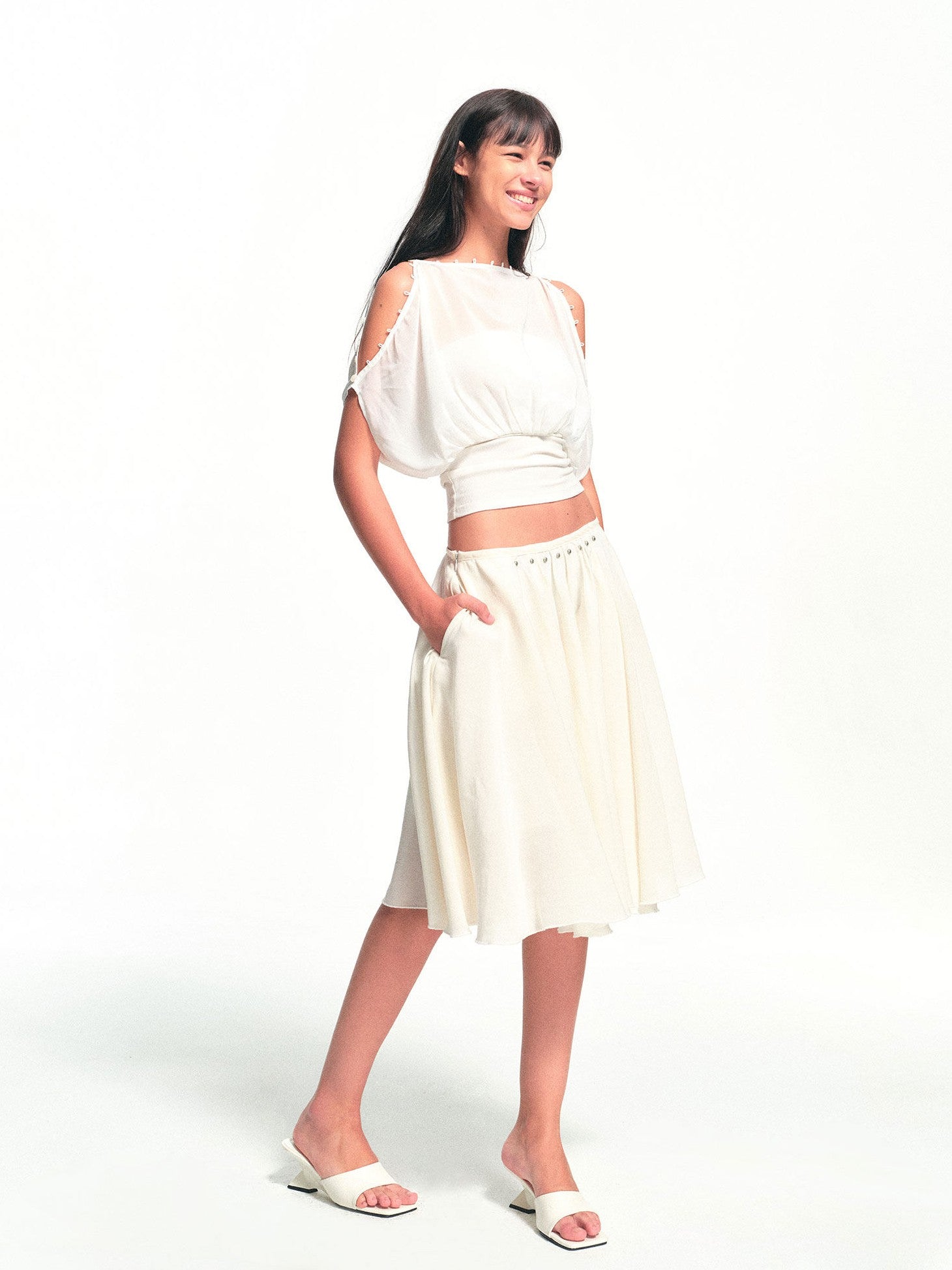 kvkv White Textured Pleated Layered Studded Women&