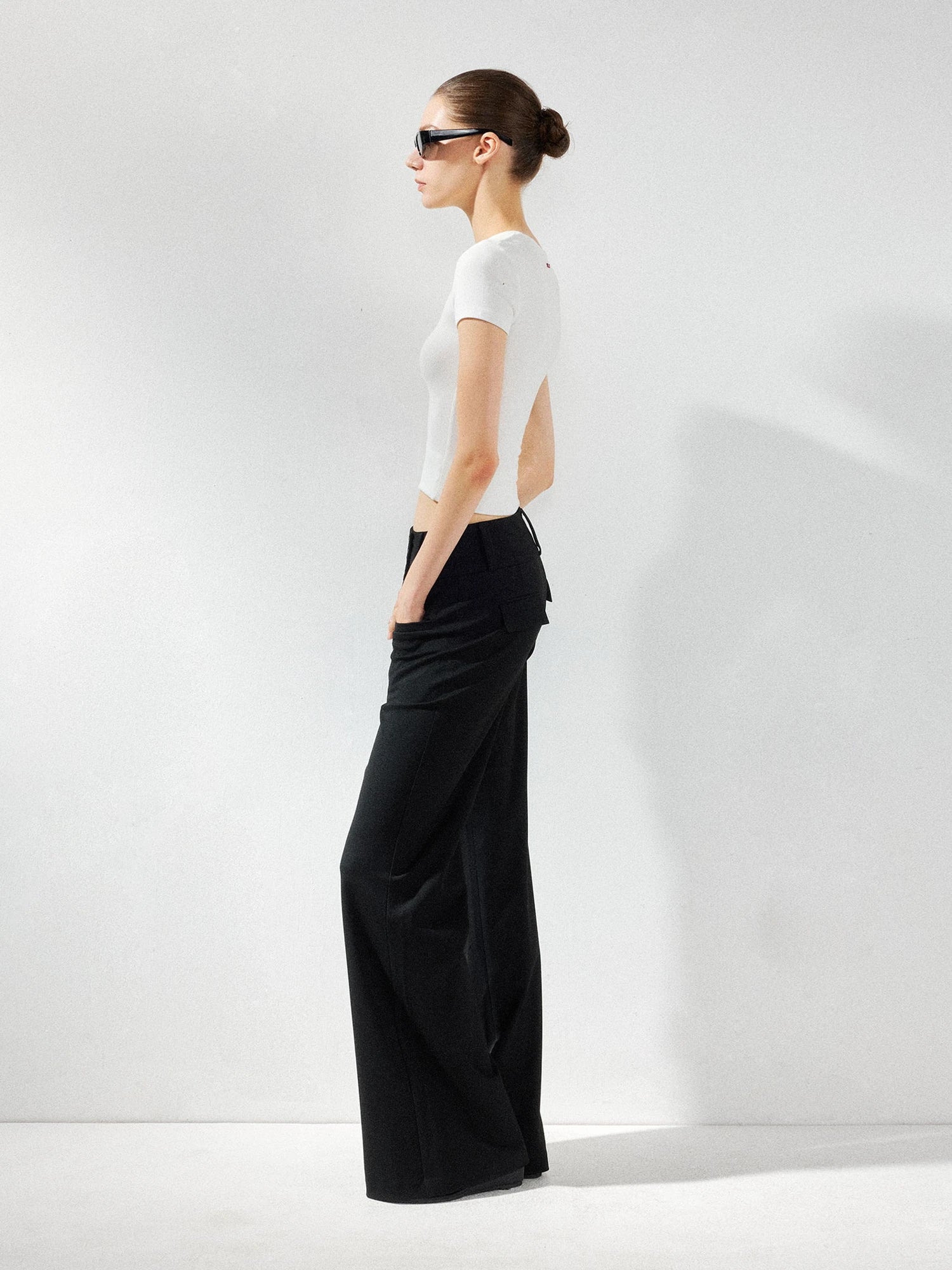 kvkv Wide Waistband Button Detail Textured Stretch Trousers
