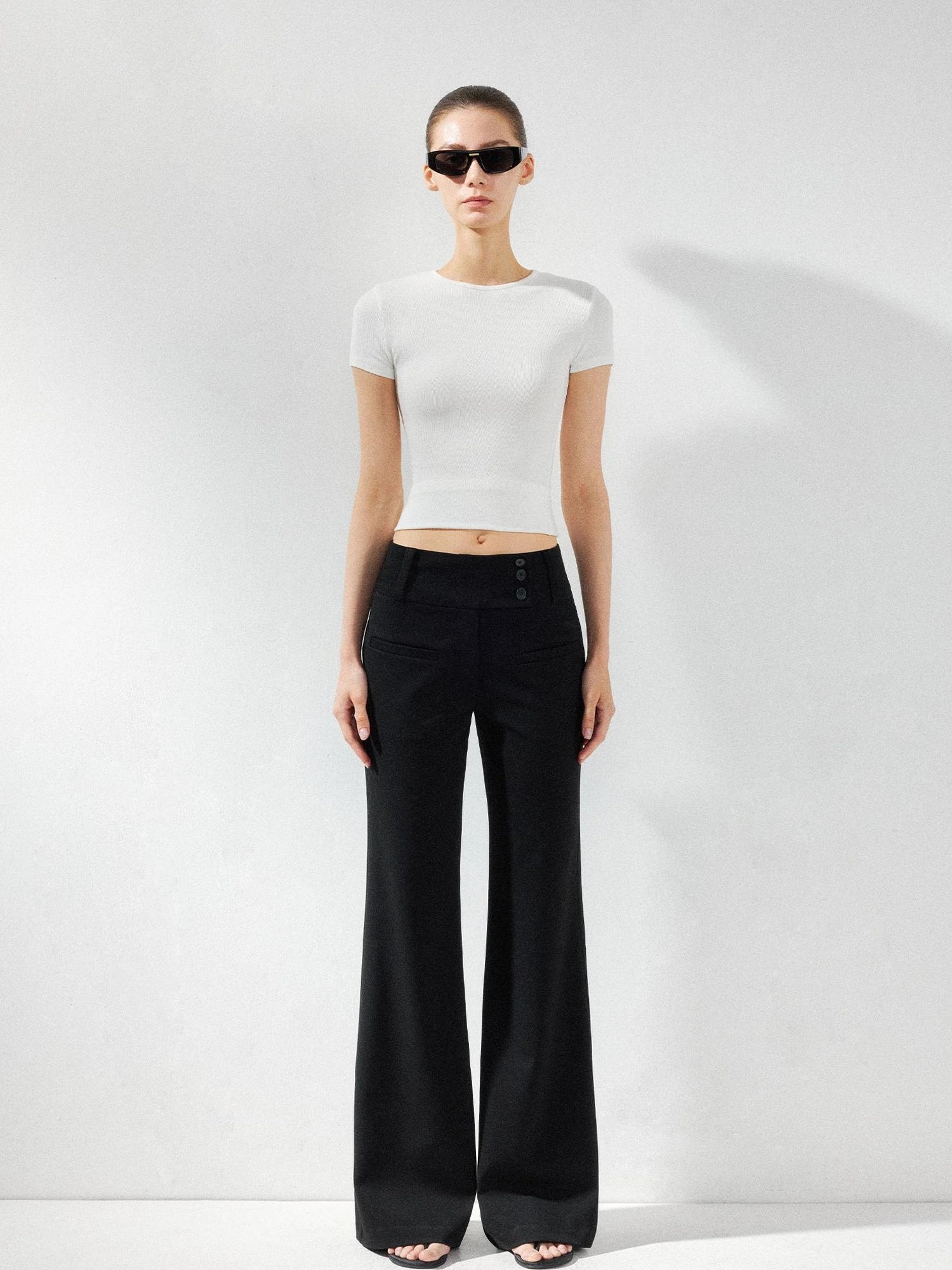 kvkv Wide Waistband Button Detail Textured Stretch Trousers