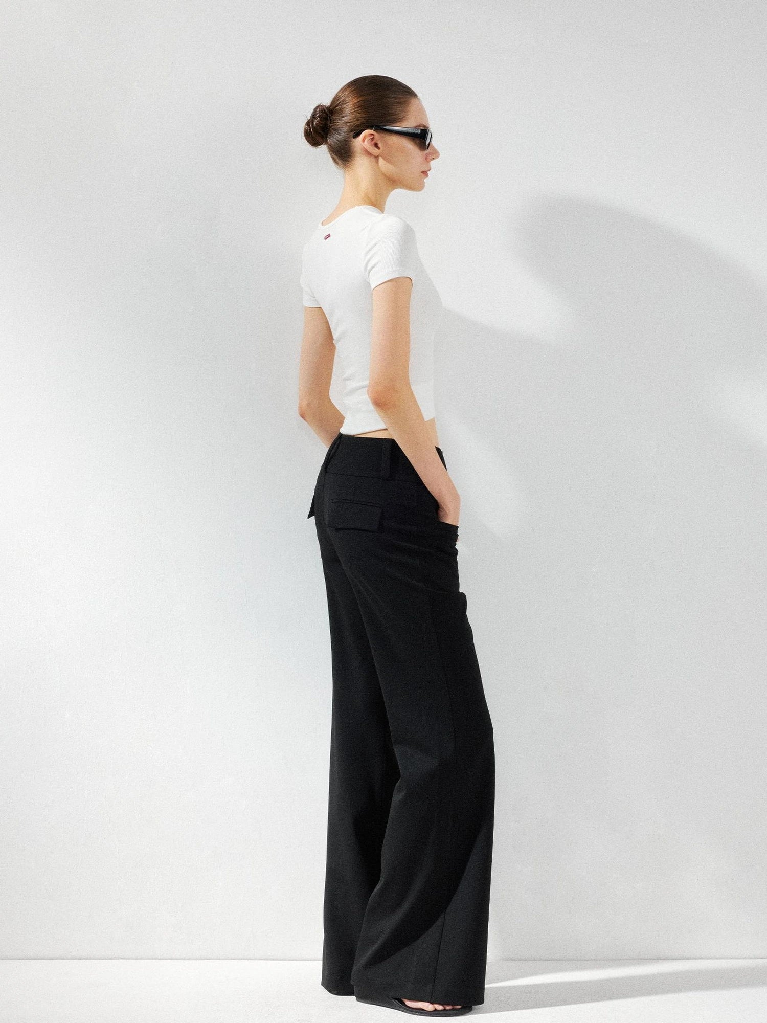 kvkv Wide Waistband Button Detail Textured Stretch Trousers
