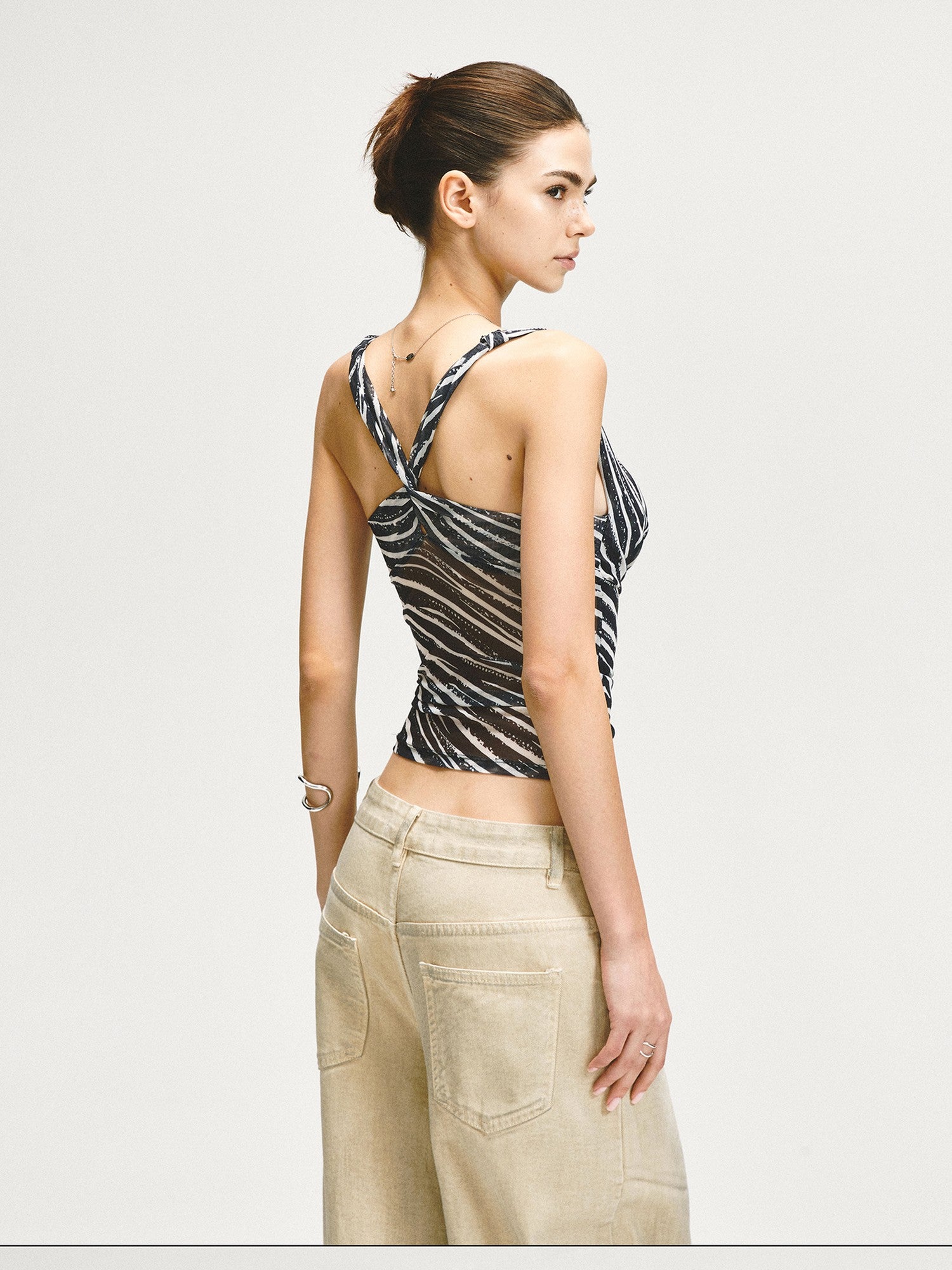 kvkv Zebra Mesh Splice Waist Cinch Scoop Neck Women&