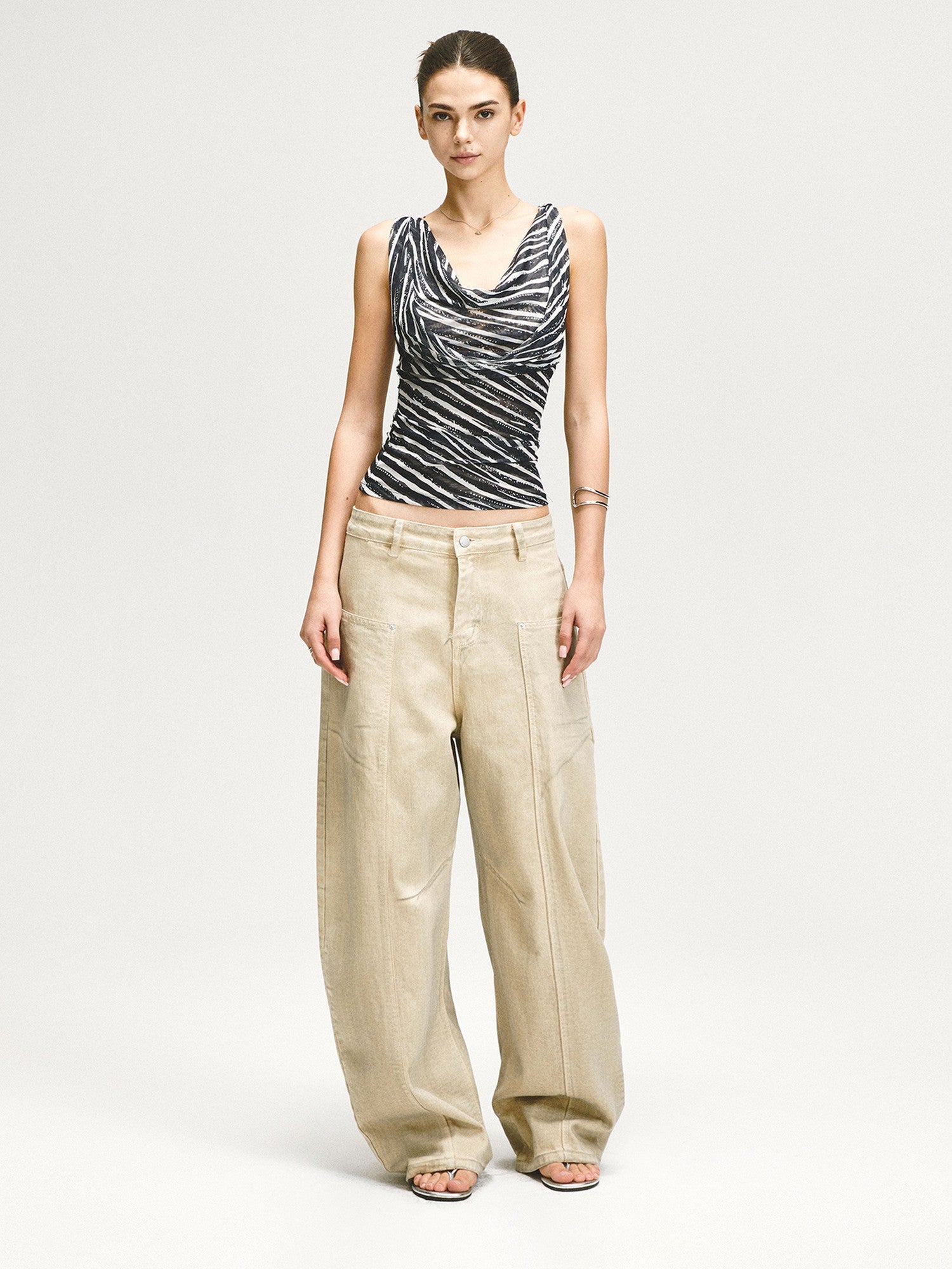 kvkv Zebra Mesh Splice Waist Cinch Scoop Neck Women&