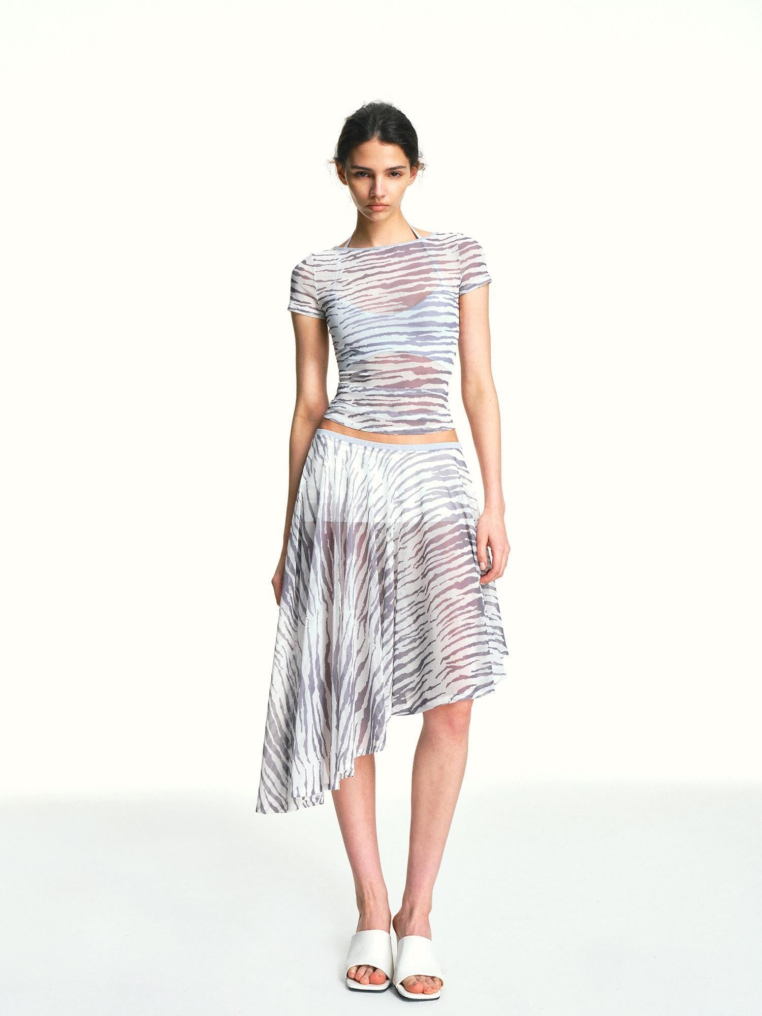 kvkv Zebra Print Sheer Contrast Halter Tie Women&