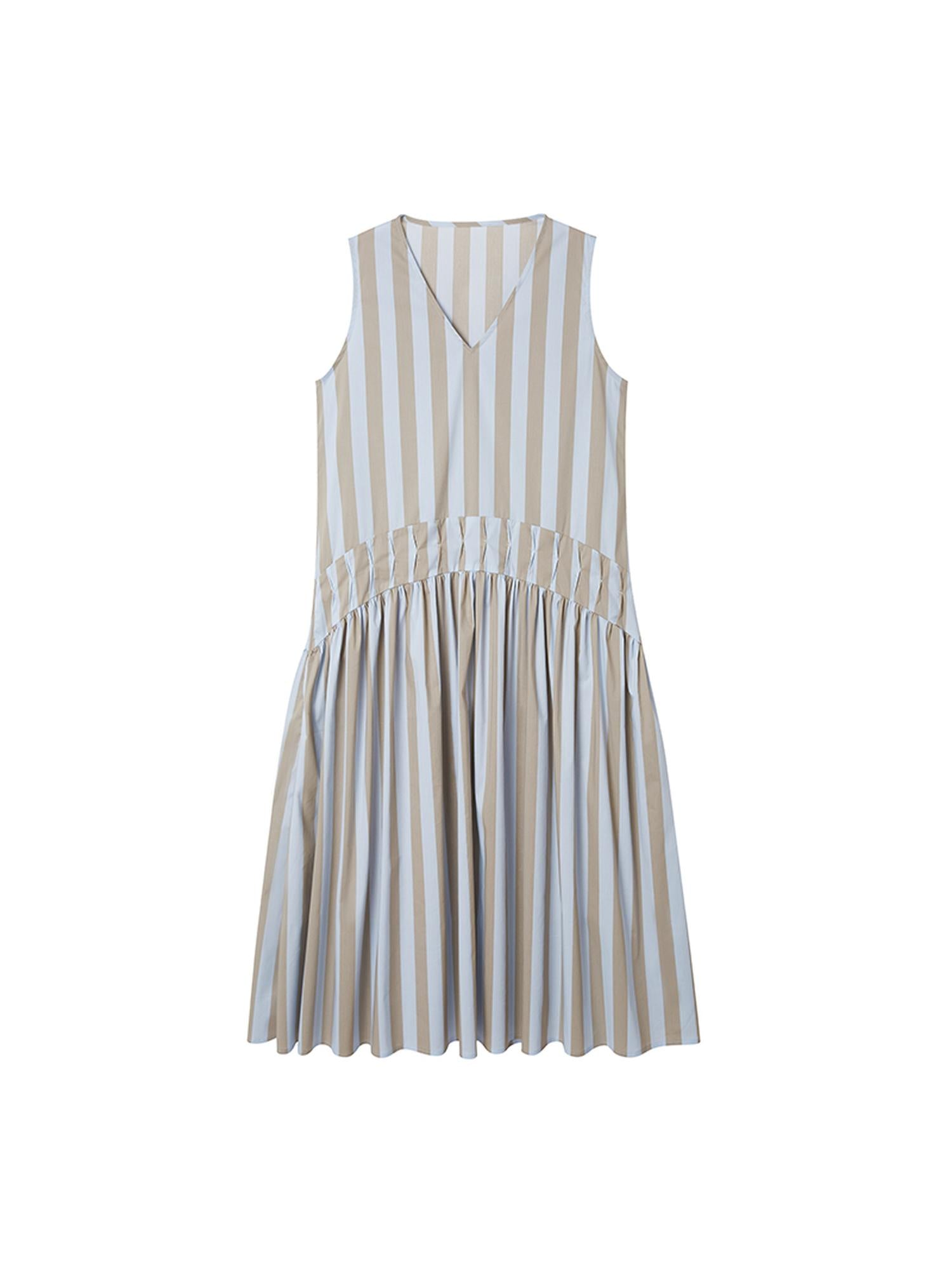 DIDDI MODA Summer V Neck Tuck Pleated Striped Maxi Dress