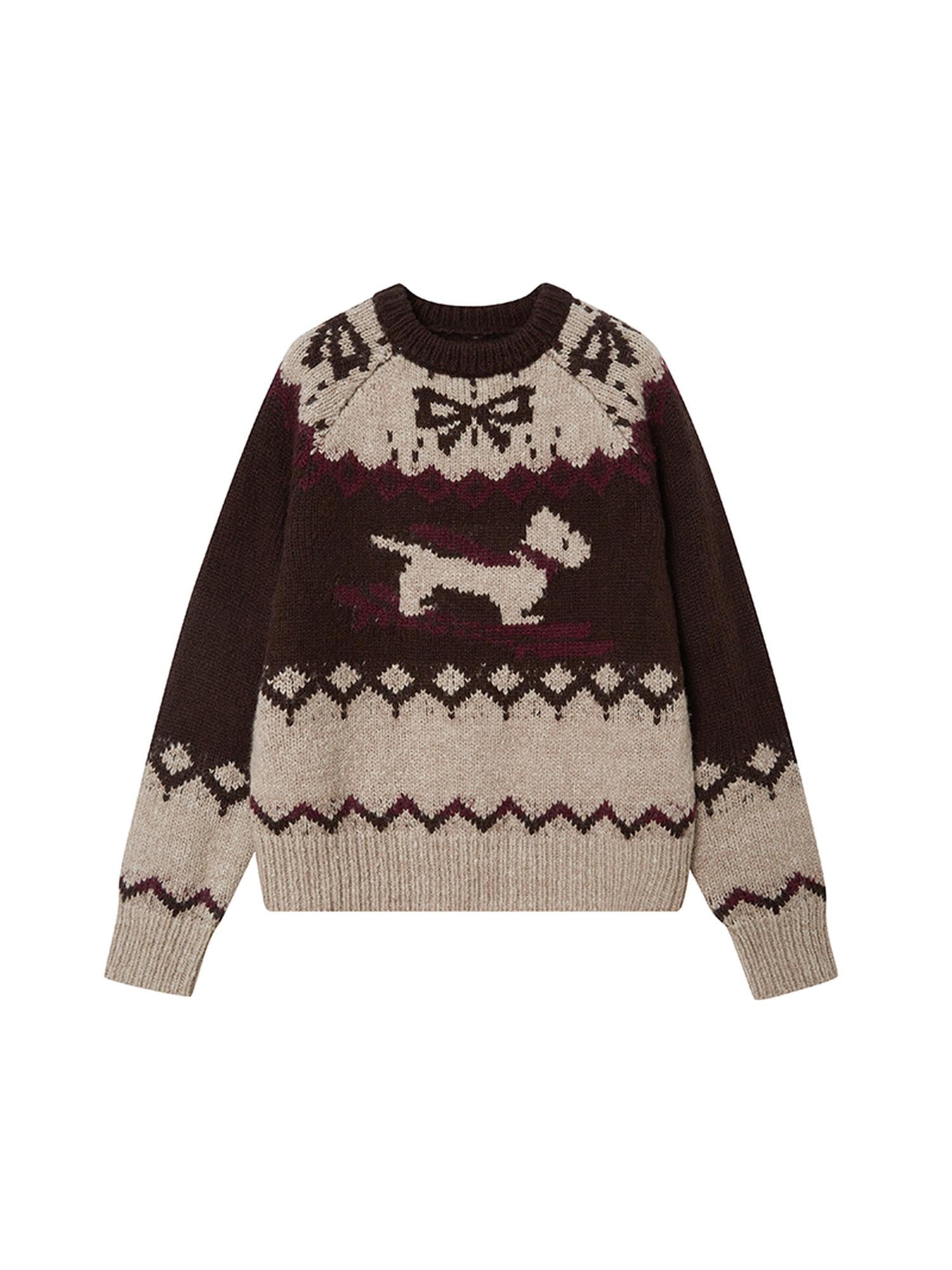 DIDDI MODA Fair Isle Ski Dog Colorblock Knit Sweater