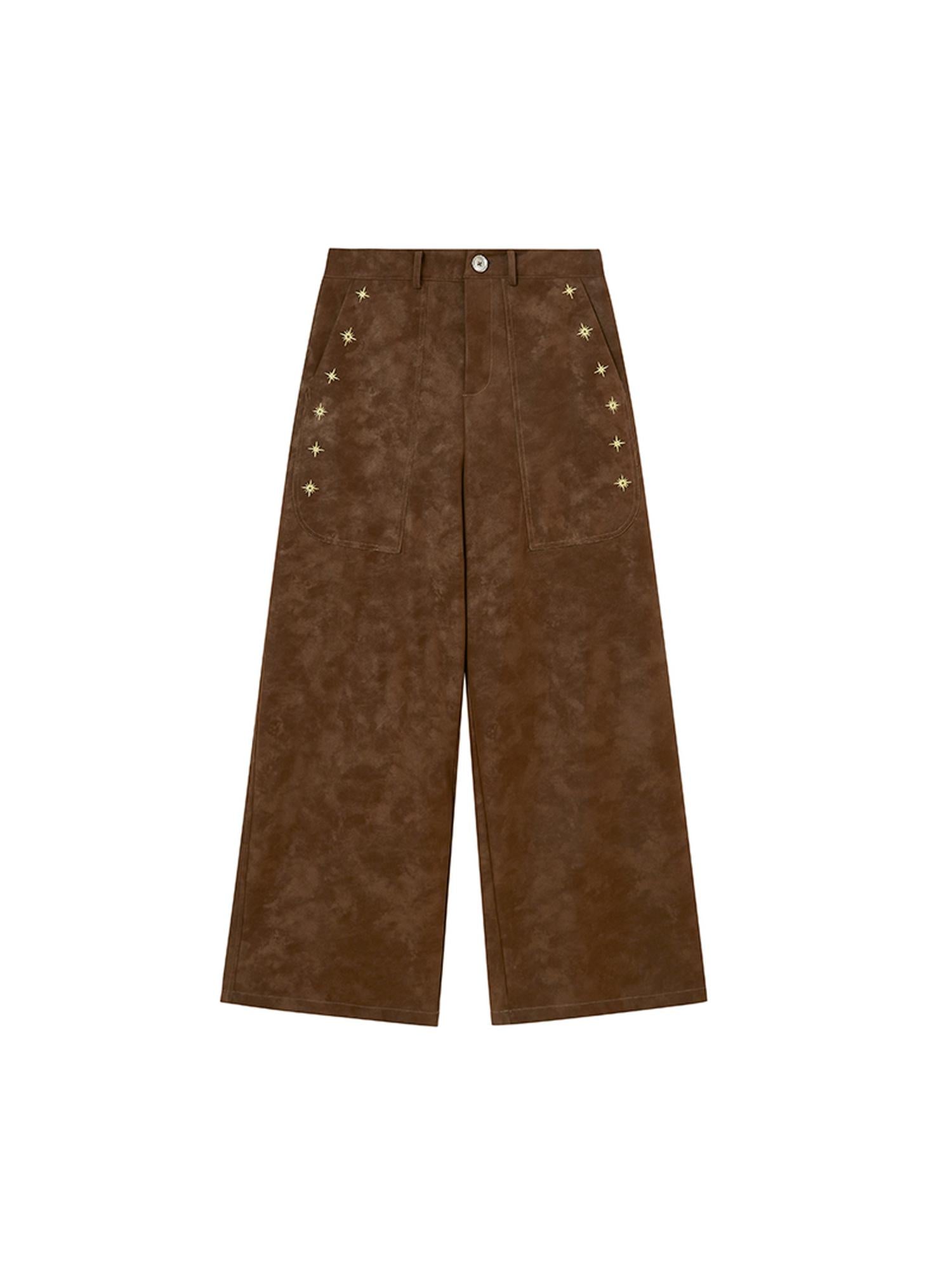 DIDDI MODA Retro Embroidered PU Wide Leg Trousers