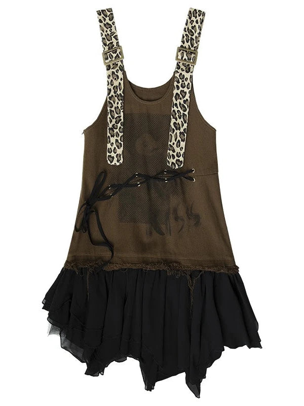 Rocky Playful Patch Leopard Bear Tie Asymetric Strappy Dress