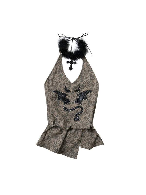 Punk Rock Spiked Devil Embroidery Leopard Print Halter Vest Top