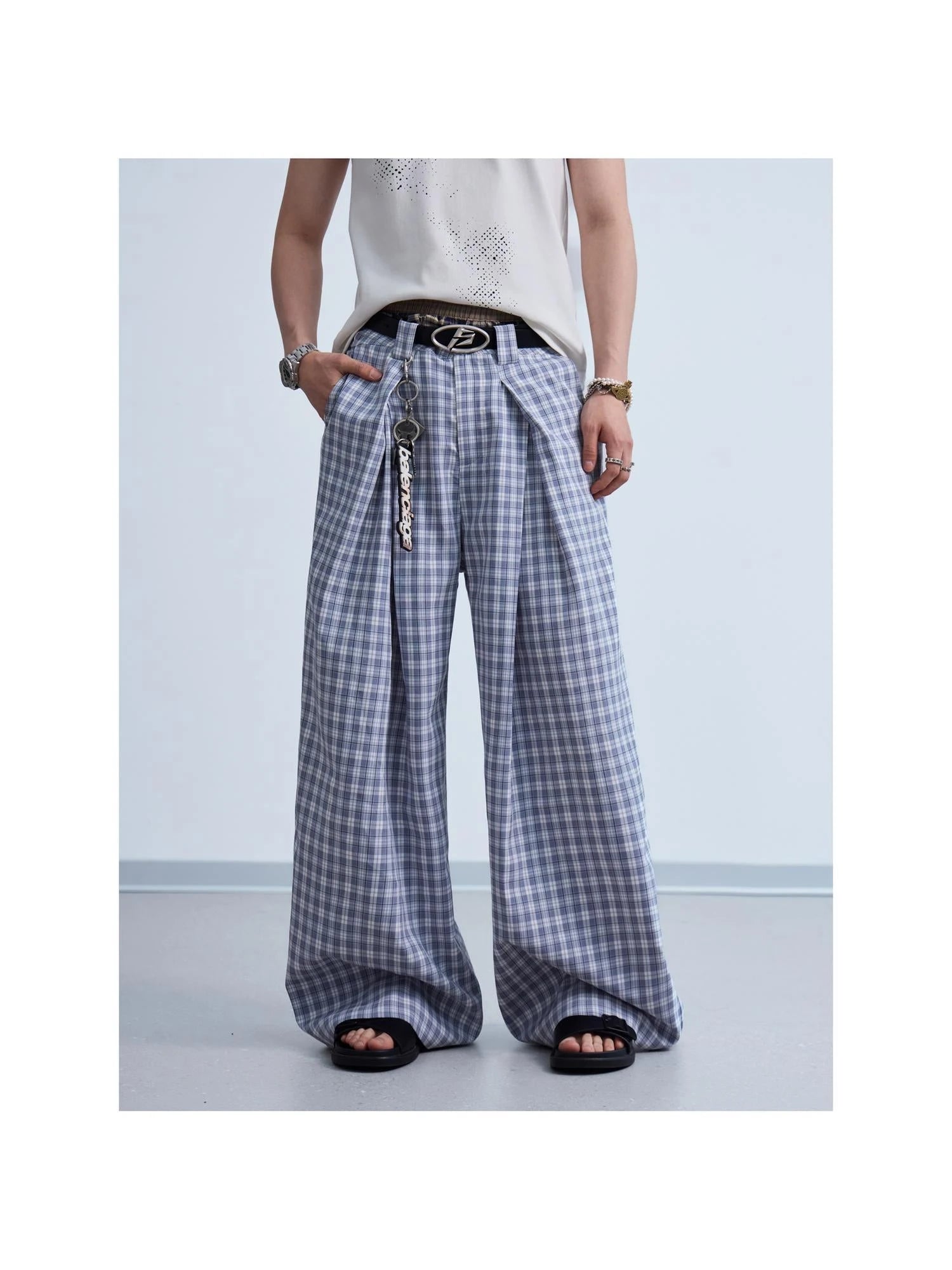 Pleated Plaid Wide Leg Pants Unisex Relaxed Fit Retro Trousers