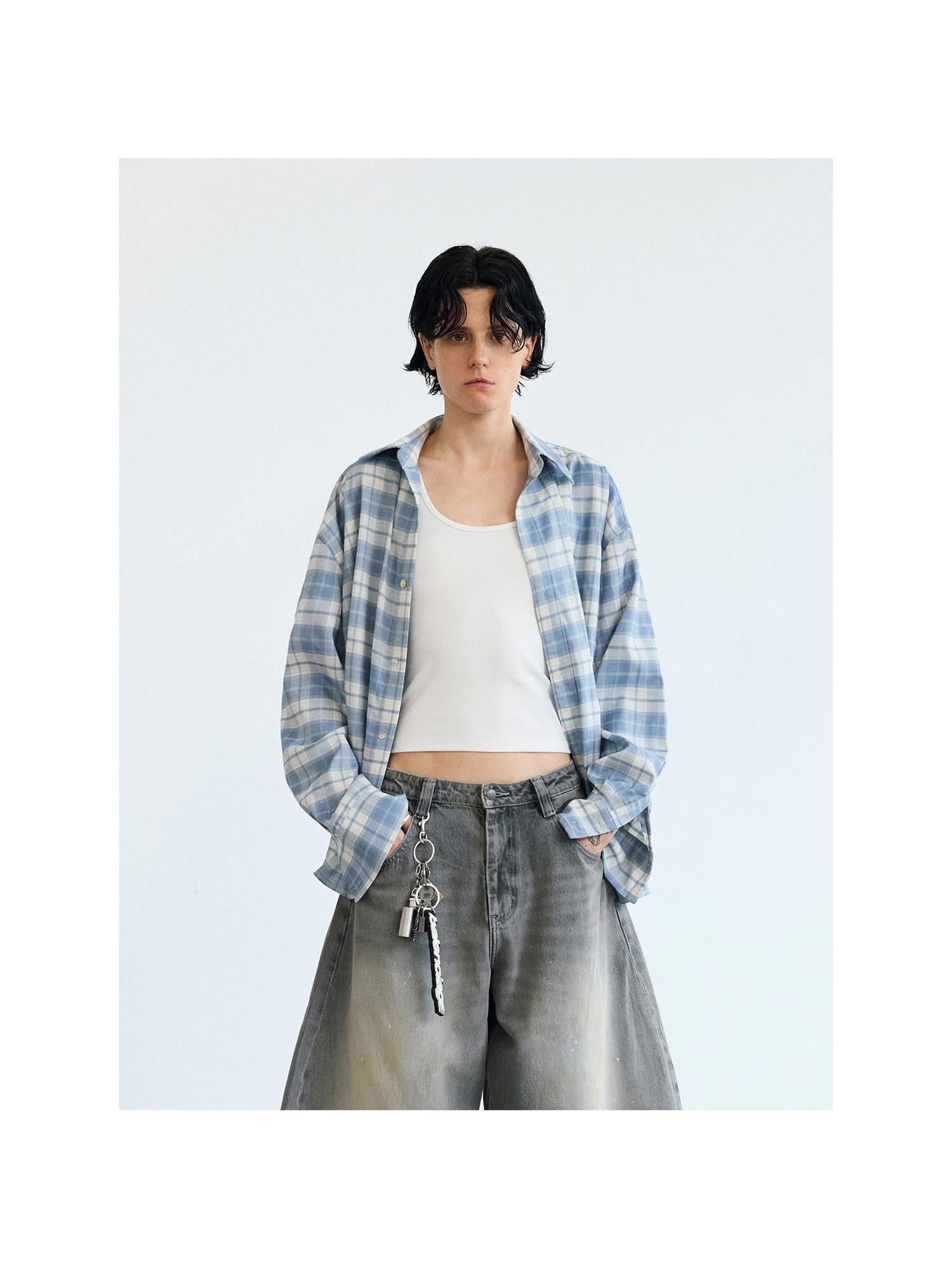 Peoplesense Plaid Blue Loose Fit Long Sleeve Shirt Jacket Sun Protection