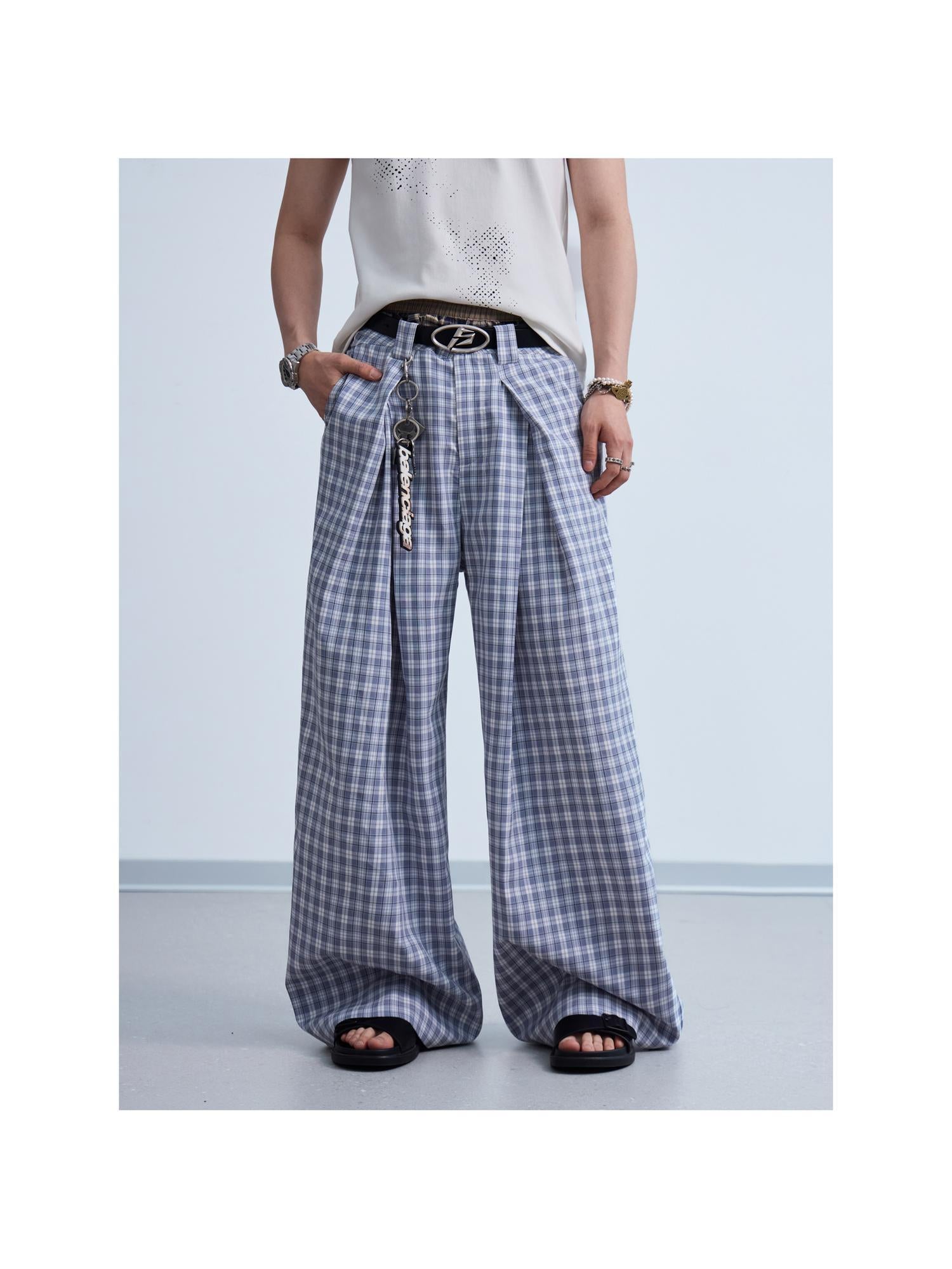 Peoplesense Pleated Plaid Wide Leg Pants Unisex Relaxed Fit Retro Trousers