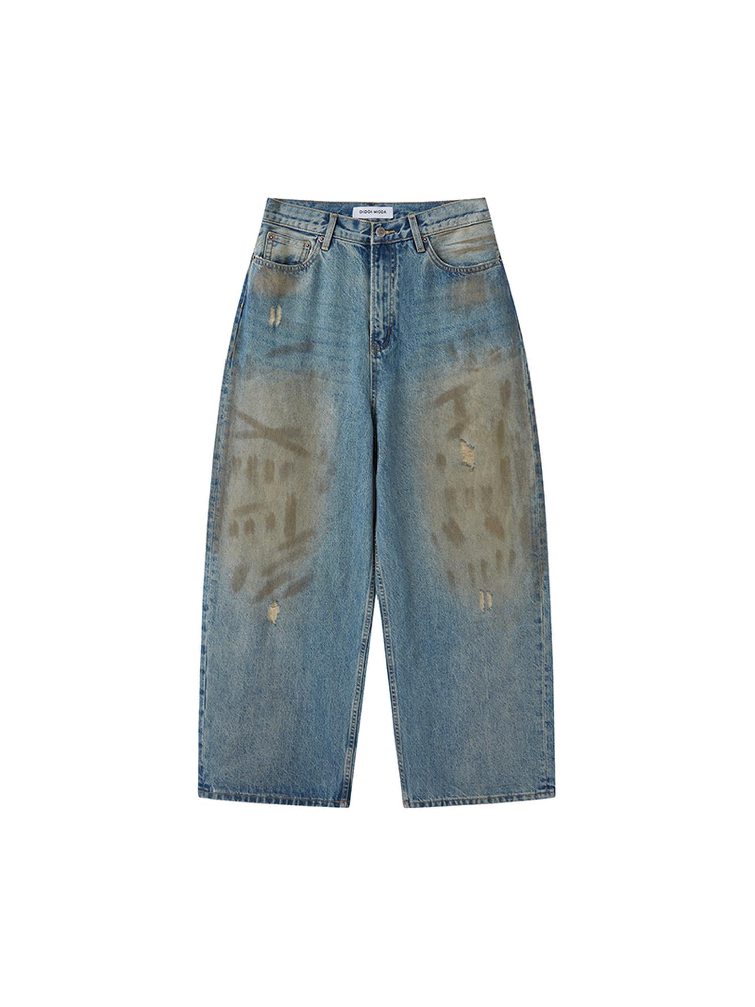 DIDDI MODA Vintage Washed Distressed Wide Leg Jeans