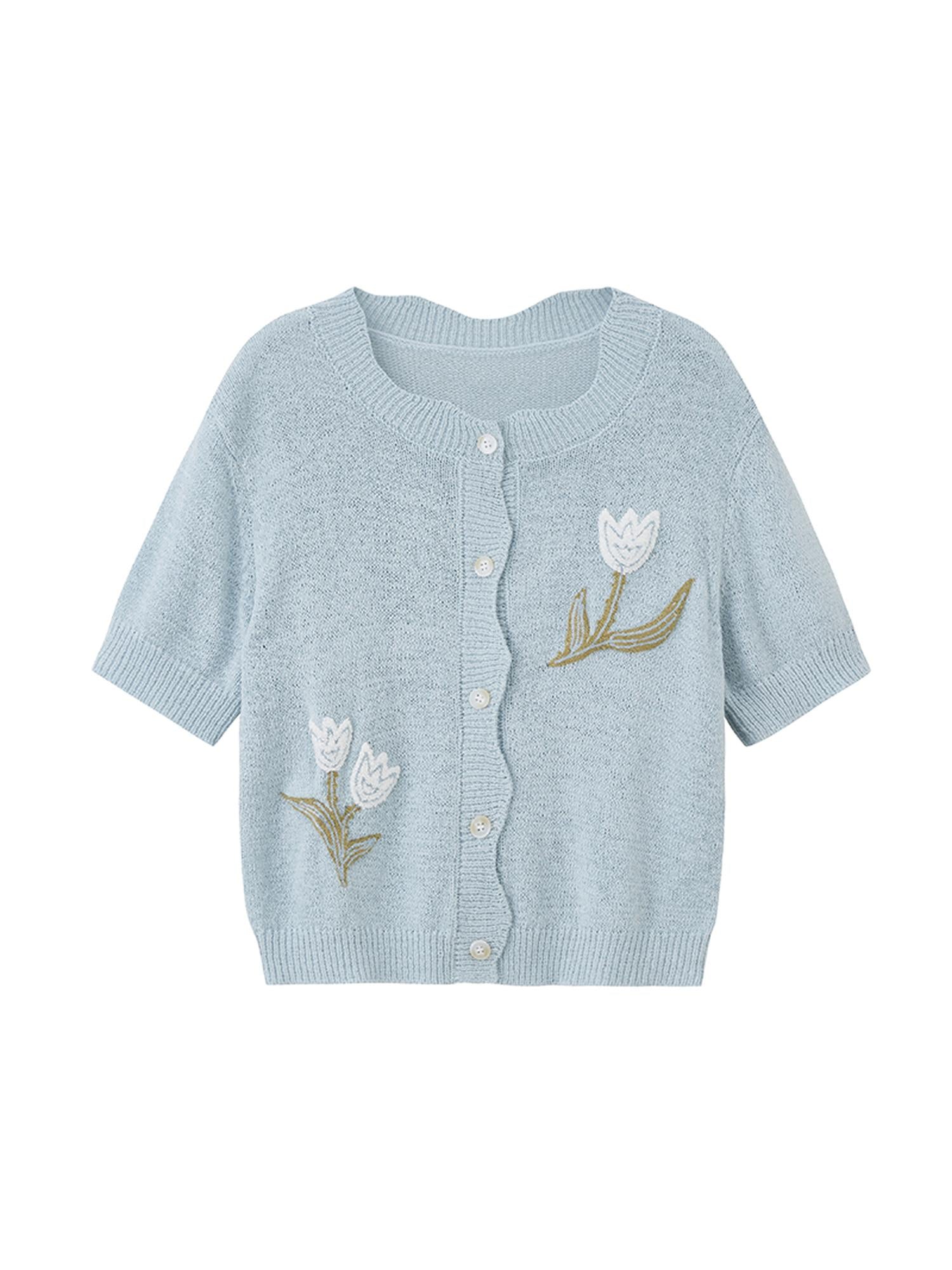 DIDDI MODA Floral Tulip Embroidered Wave Edge Knit Cardigan