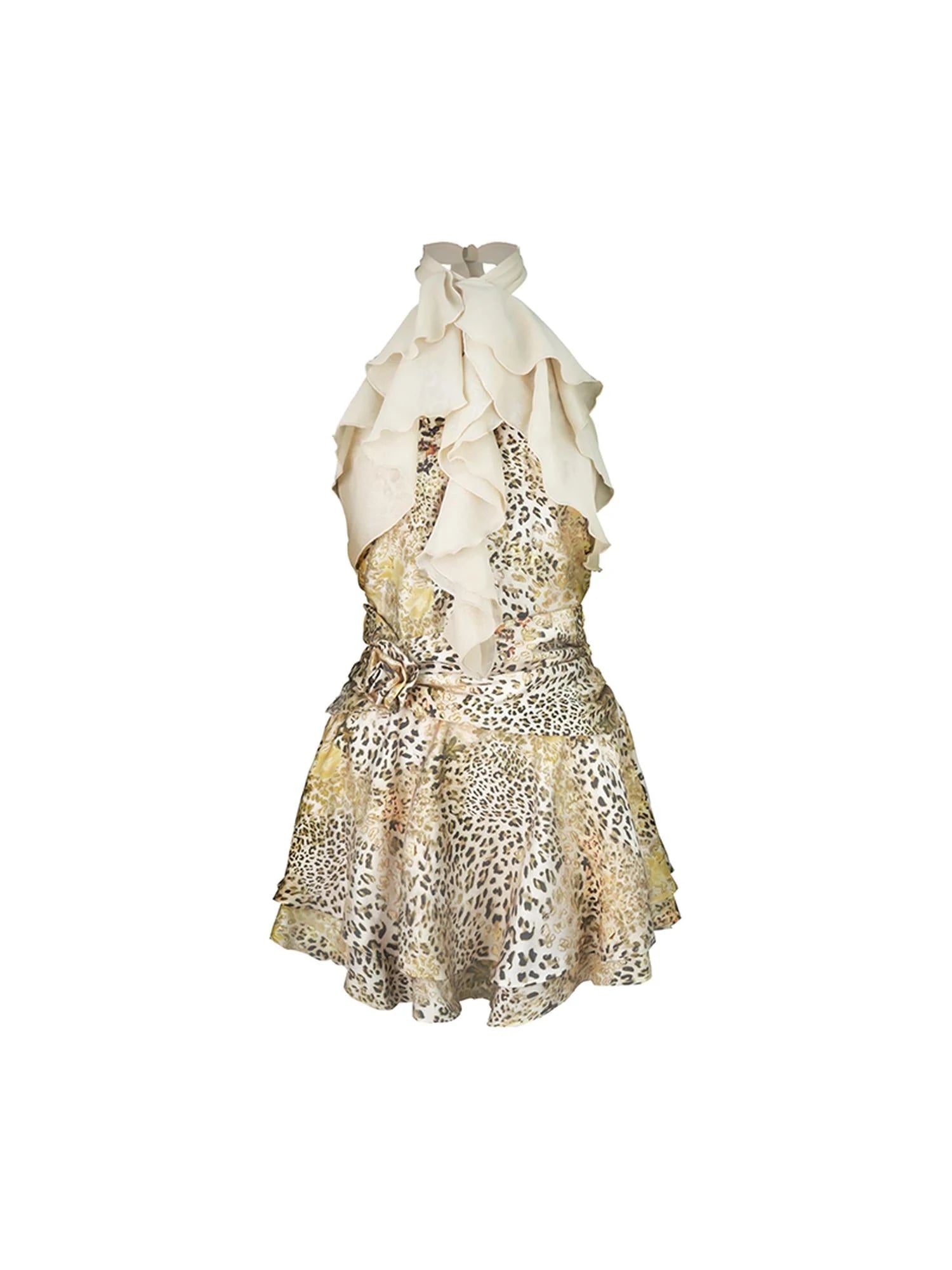 Vintage Leopard Backless Sleeveless Mini Dress With Tie