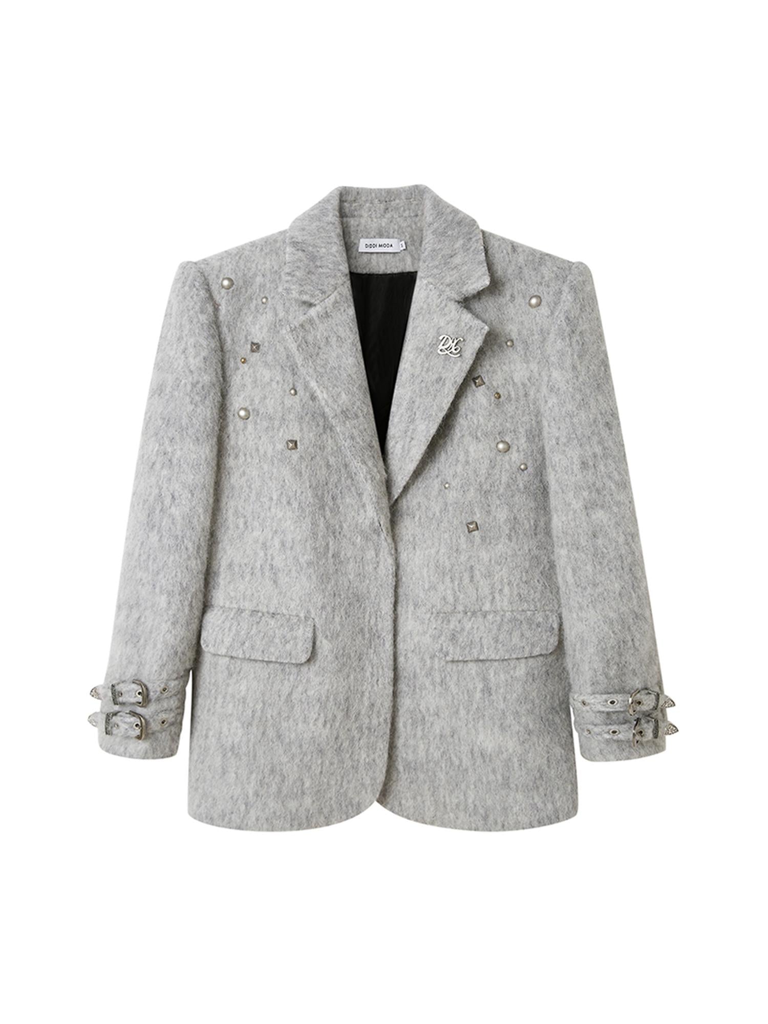 DIDDI MODA Grey Wool Blazer With Studs Shoulder Pads