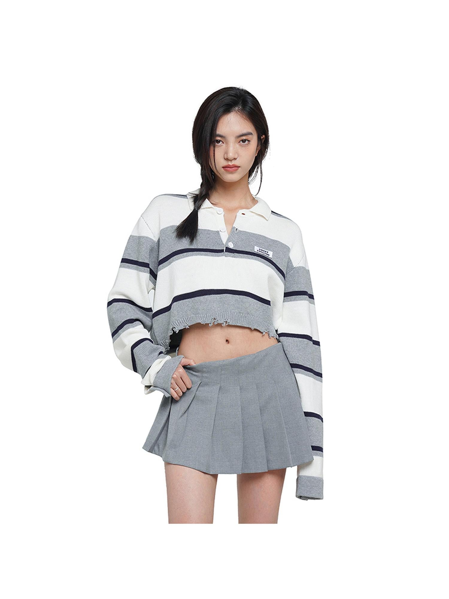 SweetChilling Vintage Cropped Polo Knit Sweater For Women