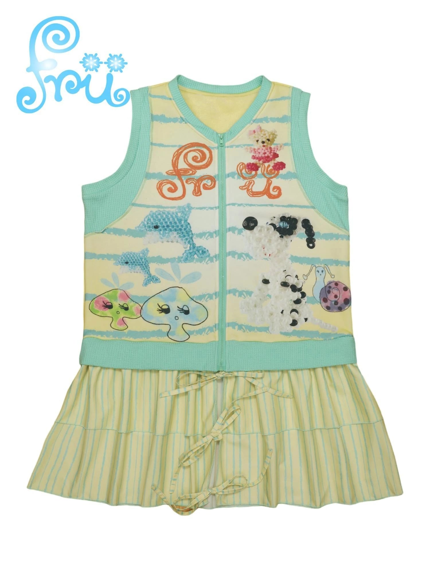 Frufruu Gulu Snowfield Print Patchwork Knit Yellow Green Vest Dress