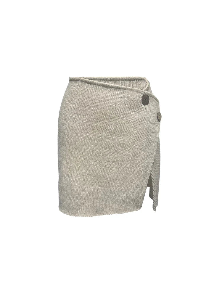 Knitted Beige Stretchy Coconut Button Skirt