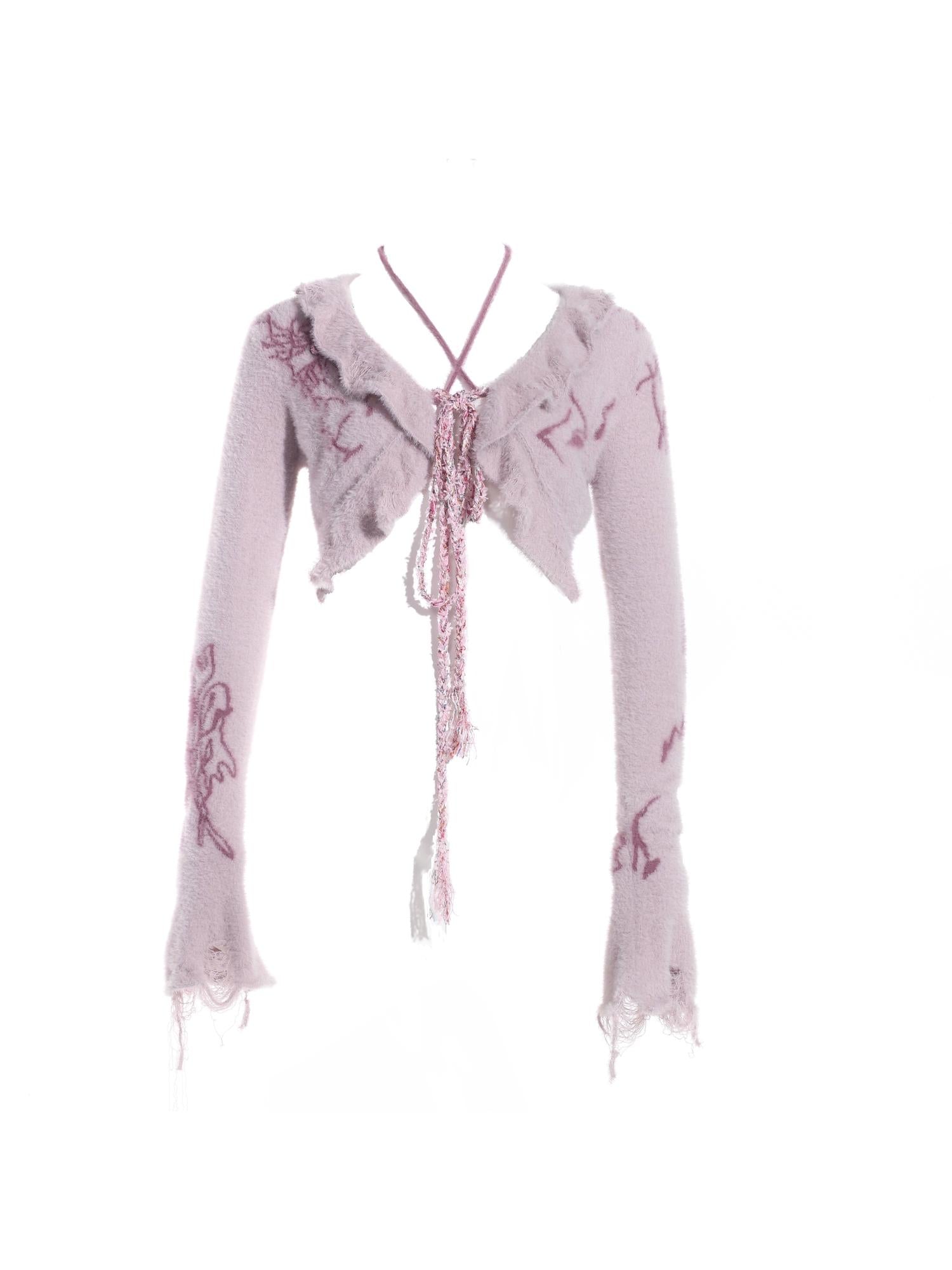 Flowers birds Market Hand-Painted Knitted Faux Mink Cardigan