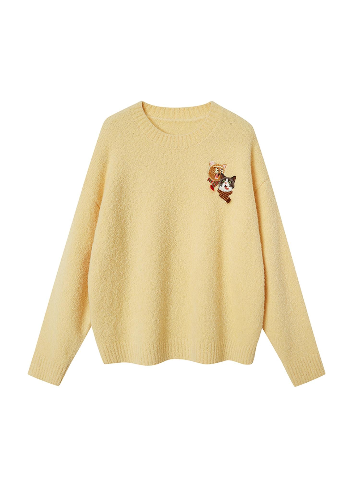 DIDDI MODA Cozy Cat Scarf Embroidery Knit Sweater