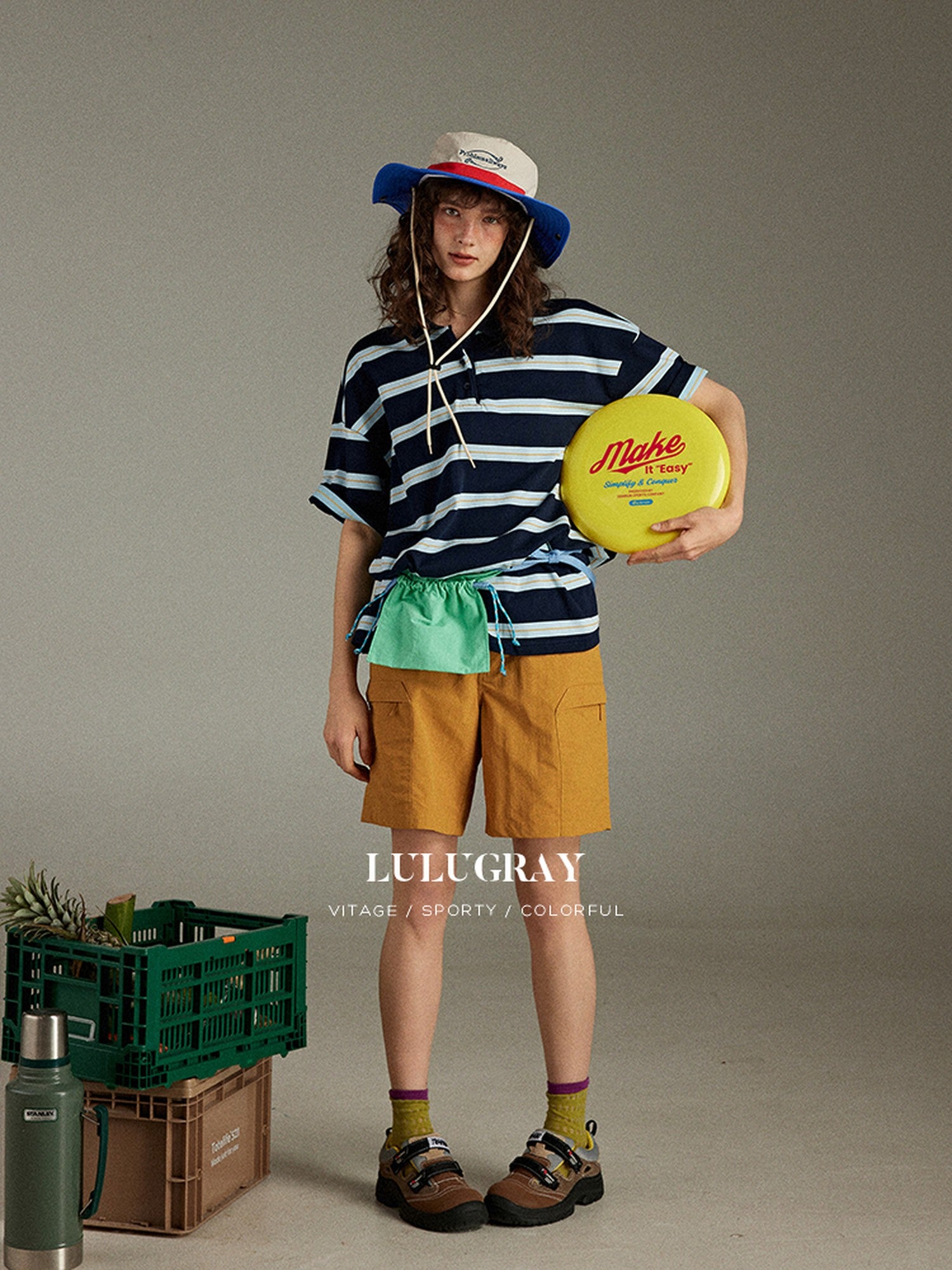 lulugray Colorblock Patchwork Striped Loose Polo Collar Women&